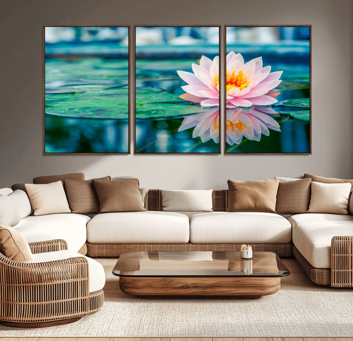 65933-MGV-CV-36X24-Pink Water Lily Wall Art – Lotus Flower Canvas Print with Reflection on Calm Water, Peaceful Botanical Artwork for Living Room,