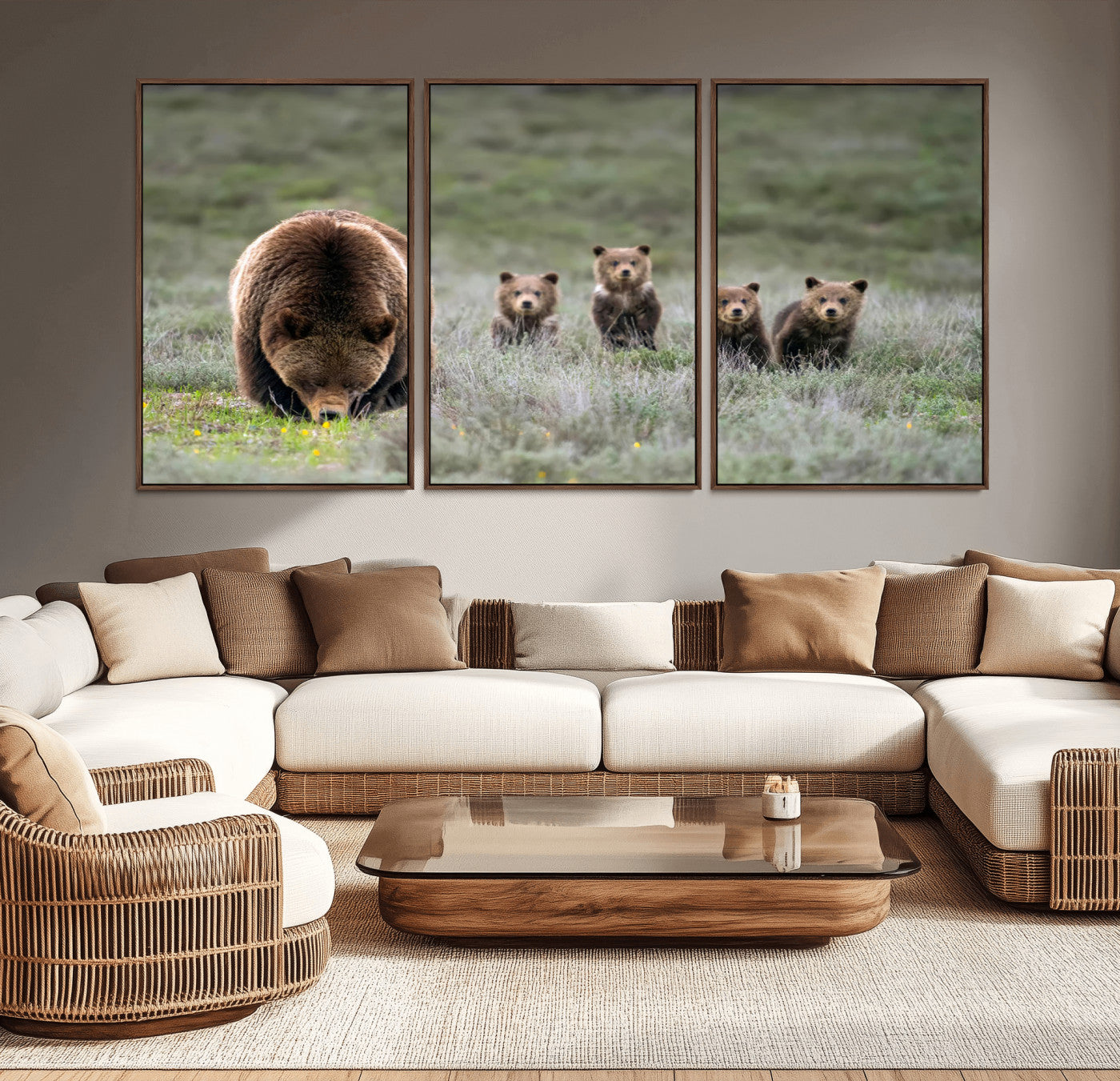40555-MGV-CV-36X24-Bear Family Wall Art – Wildlife Canvas Print of Mother Bear with Four Cubs in Nature, Rustic Animal Artwork for Living Room,