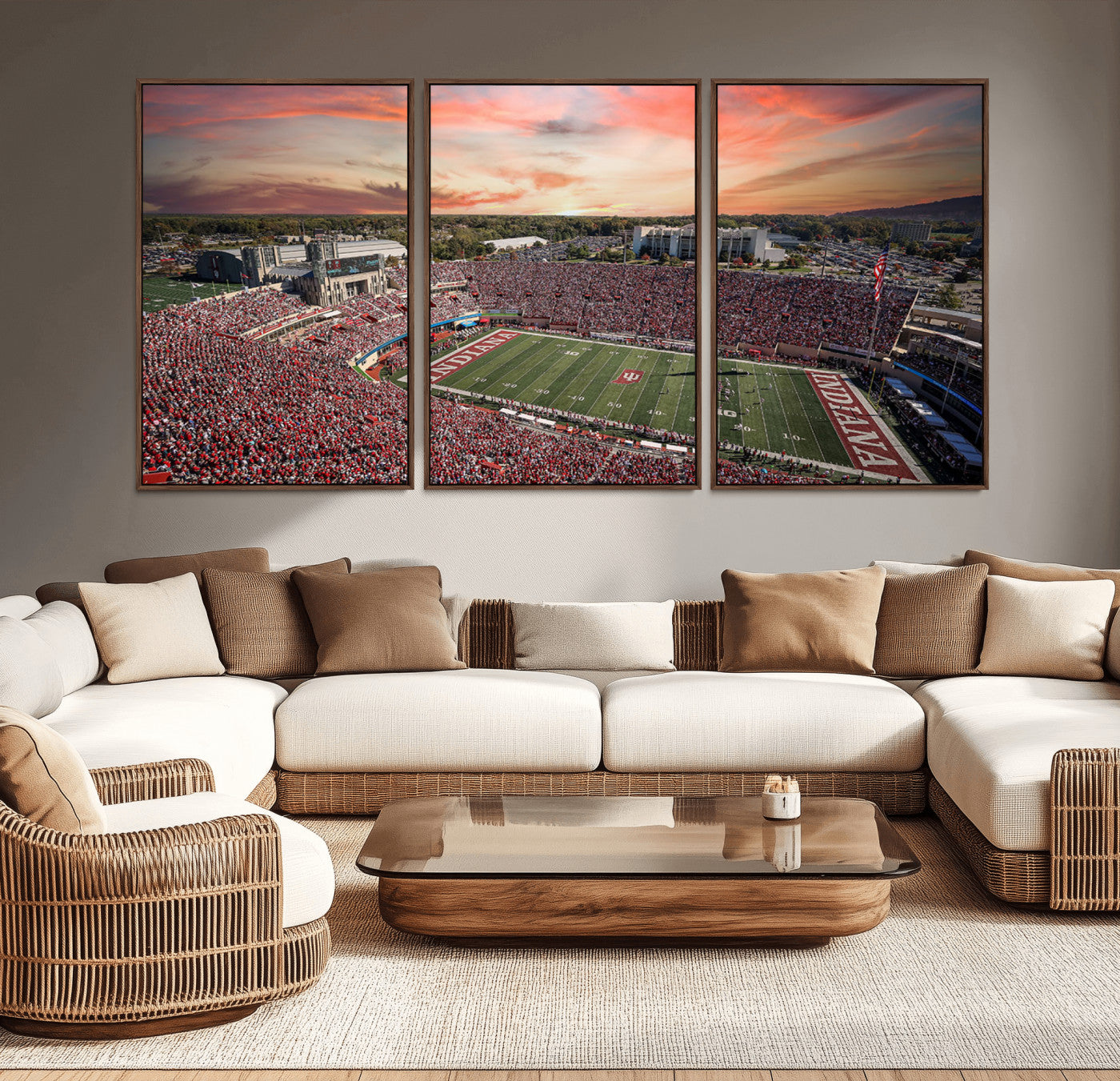 51135-MGV-CV-36X24-Indiana Hoosiers Stadium Wall Art – Panoramic Football Canvas Print with Game Day Crowd and Sunset Sky, Sports Artwork for Man