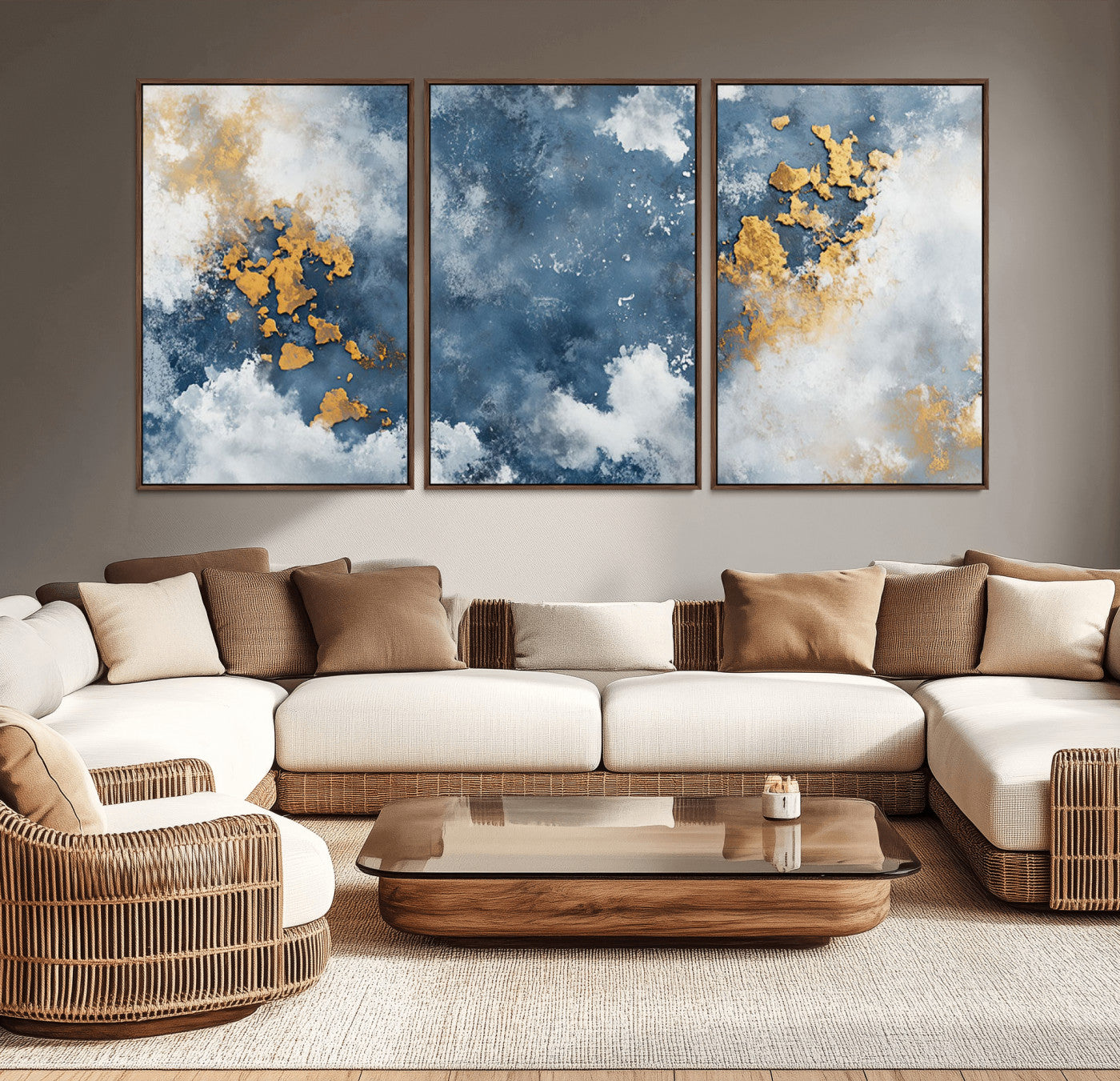 39575-MGV-CV-36X24-Blue and Gold Abstract Wall Art – Modern Canvas Print Featuring Cloudy Textures with Metallic Accents, Contemporary Artwork for
