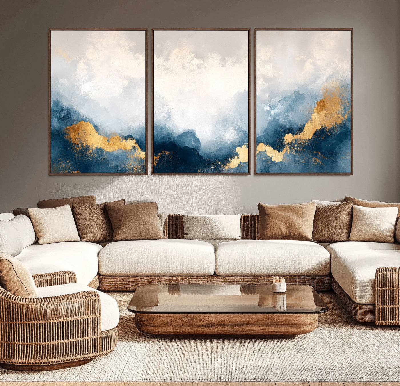 14578-MGV-CV-36X24-Abstract Wall Art – Modern Canvas Print Featuring Blue and White Clouds with Golden Accents, Contemporary Elegant Artwork for