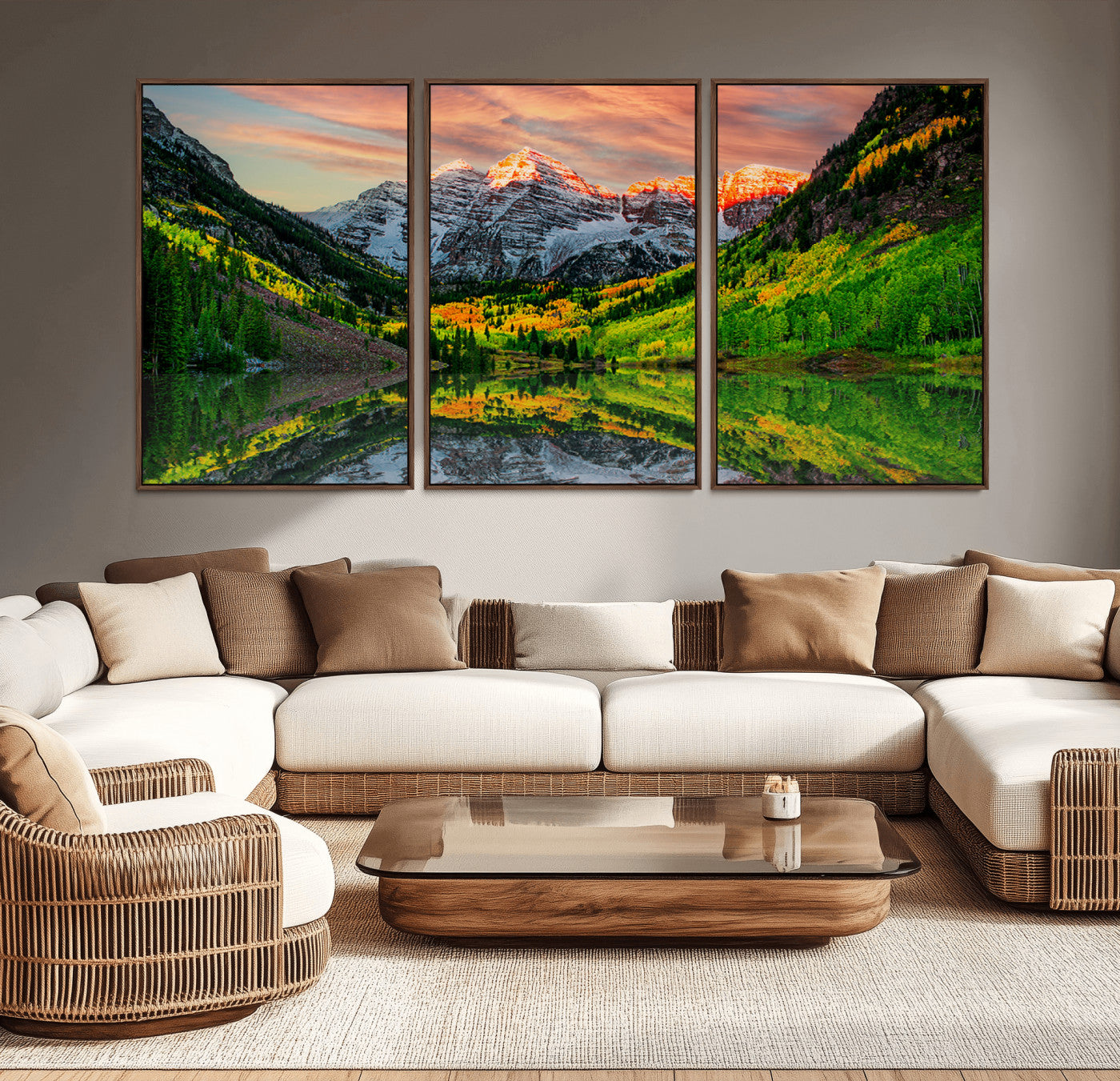 59533484-MGV-CV-36X24-Maroon Bells Autumn Wall Art – Panoramic Mountain Landscape Canvas Print, Sunset Reflection Nature Artwork for Living Room, Office