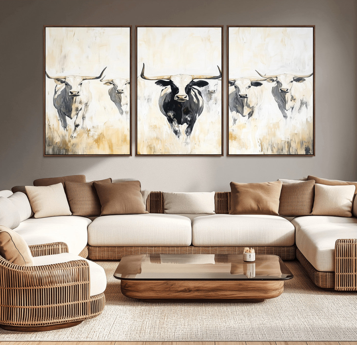 40397799-MGV-CV-36X24-Texas Longhorn Wall Art Canvas Print, Framed Rustic Herd Art Picture Print, Western Bull Perfect Neutral Western Decor Artwork