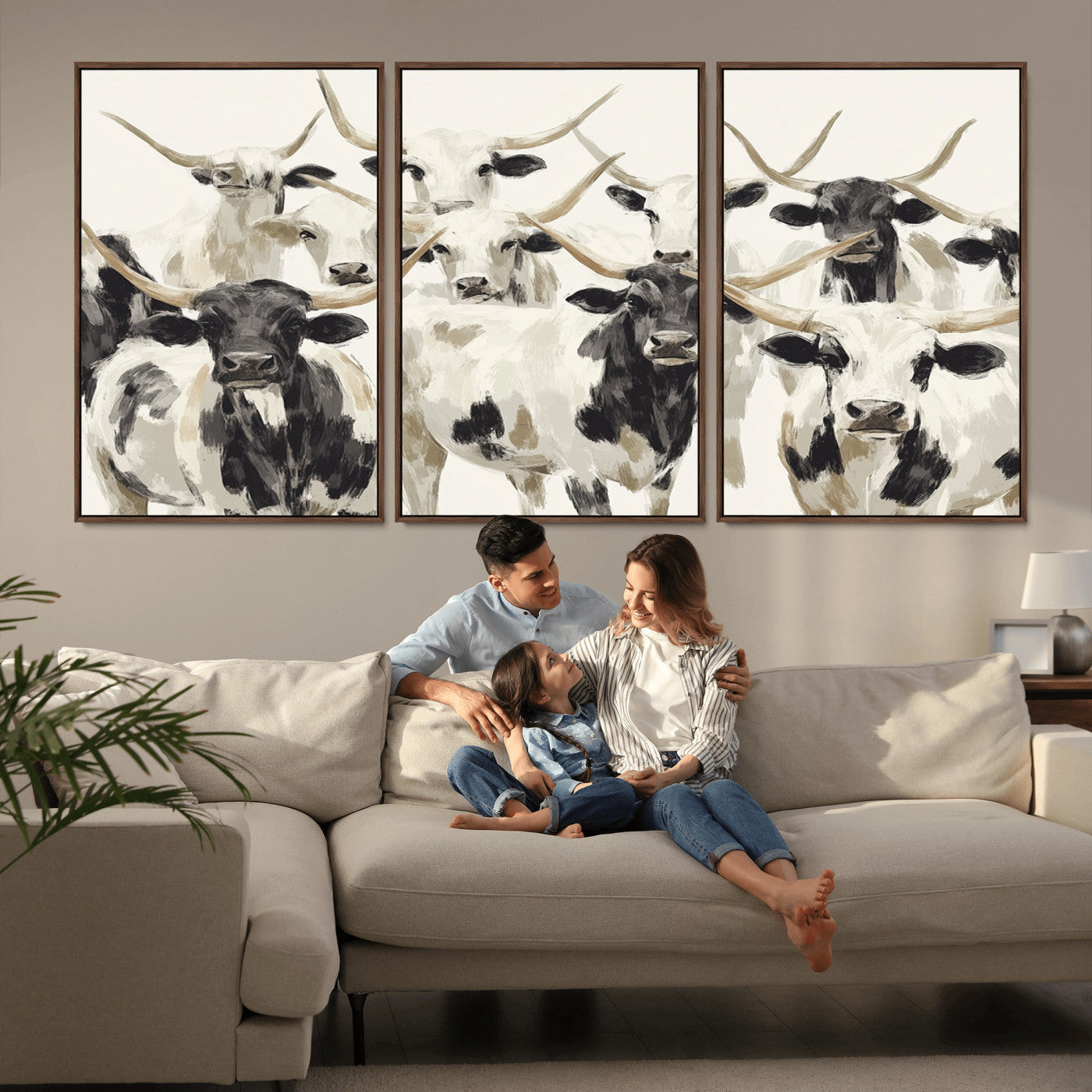 52947970-MGV-FC-60X30-3P_Walnut-Texas Longhorn Wall Art Canvas Print, Framed Cattle Herd Art Picture Print, Herd Portrait Perfect Modern Farmhouse Decor Artwork