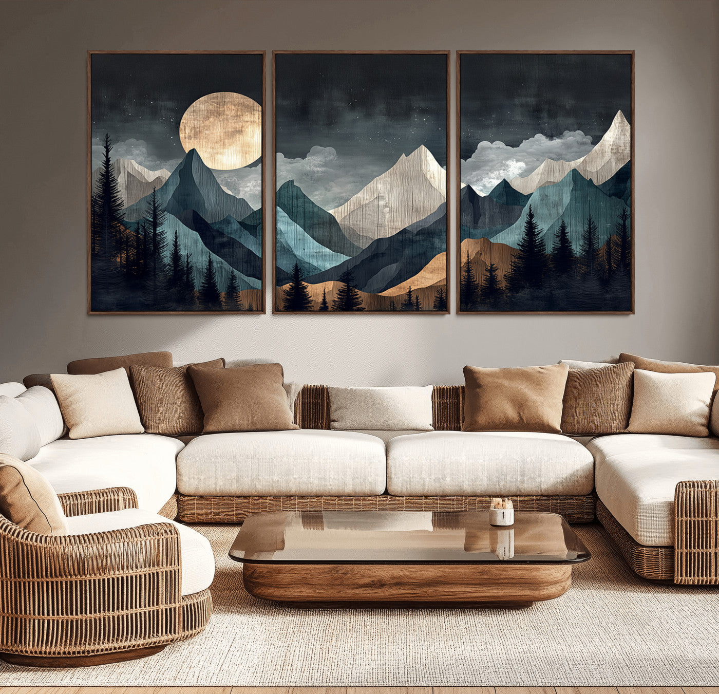 11060882-MGV-CV-36X24-Moonlit Mountains Wall Art Canvas Print, Framed Forest Silhouette Art Picture Print, Night Landscape Perfect Modern Forest Decor