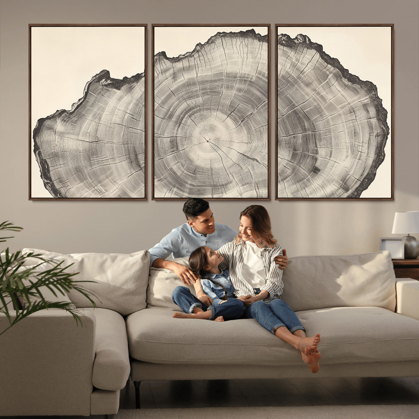 98921313-MGV-FC-60X30-3P_Walnut-Tree Ring Wall Art Canvas Print, Framed Wood Slice Art Picture Print, Minimalist Wood Perfect Rustic Academic Decor Artwork