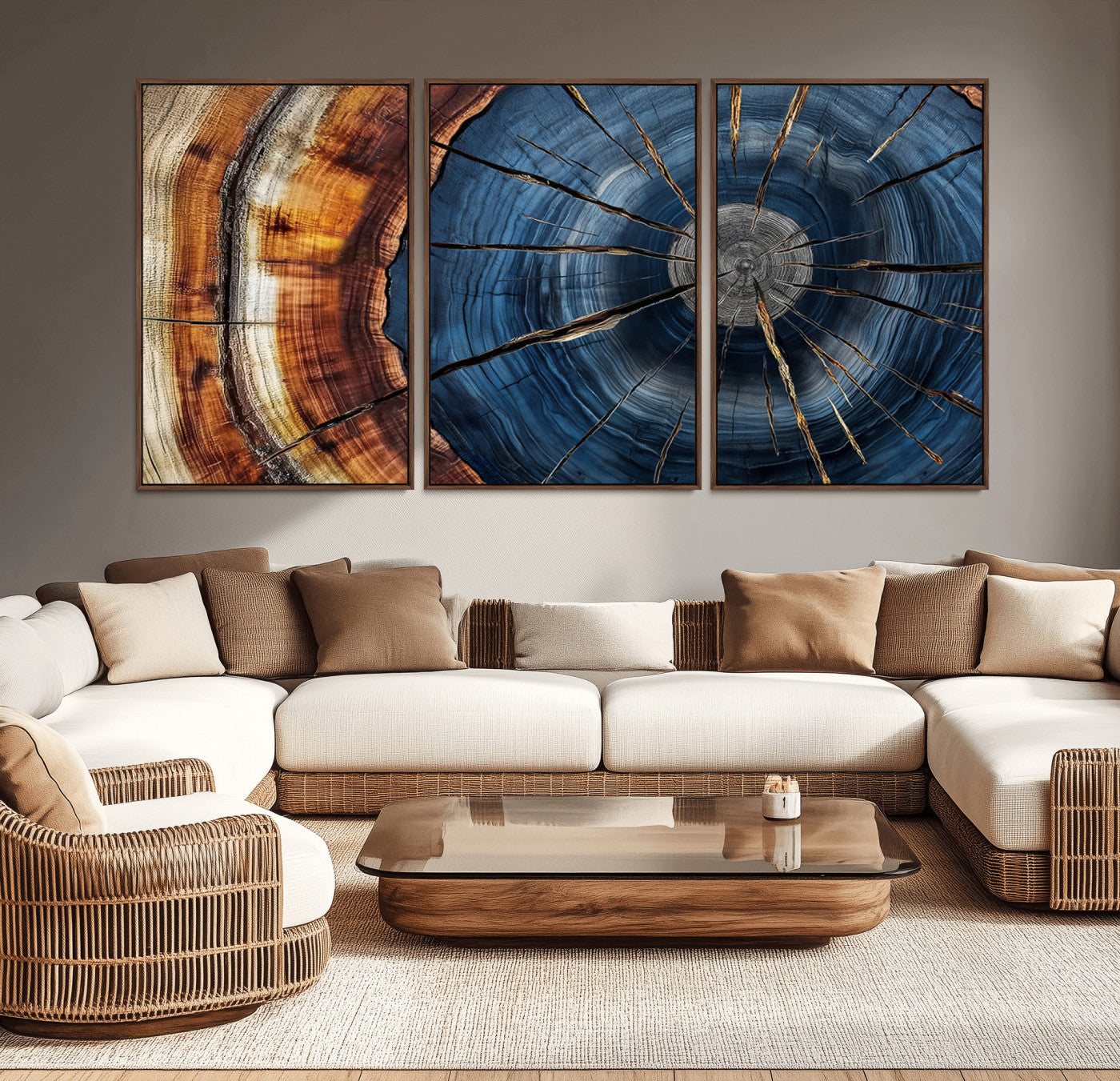 45268471-MGV-CV-36X24-Blue Tree Ring Wall Art – Rustic Wood Cross Section Canvas Print, Modern Abstract Nature Decor for Living Room, Office, or Cabin