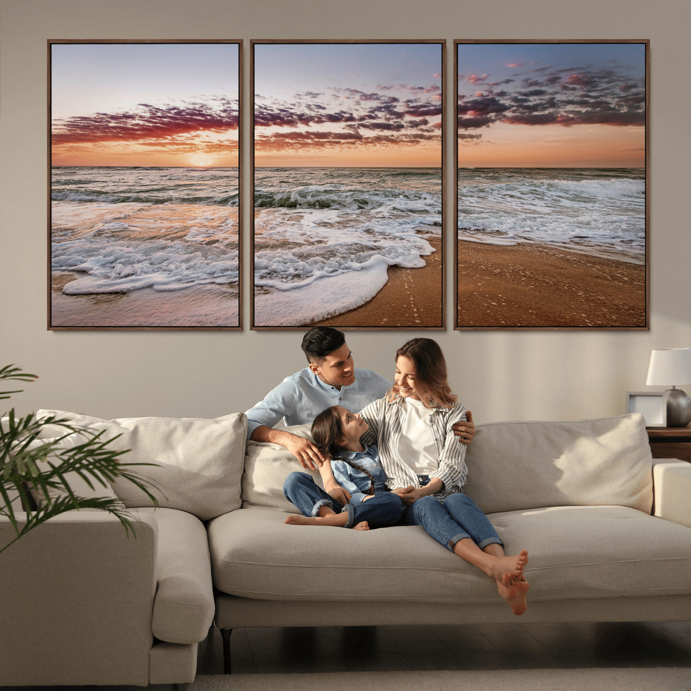 39846389-MGV-FC-60X30-3P_Walnut-Ocean Sunset Wall Art Canvas Print, Framed Sandy Shore Art Picture Print, Gentle Waves Perfect Minimalist Coastal Decor Artwork