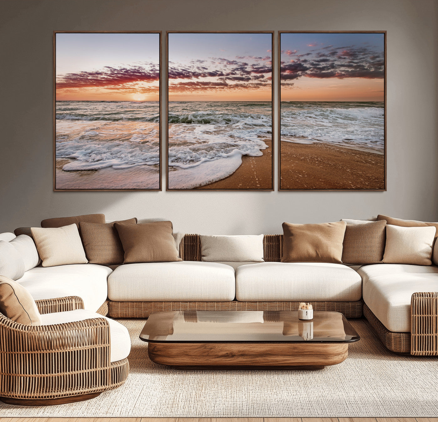 39846389-MGV-CV-36X24-Ocean Sunset Wall Art Canvas Print, Framed Sandy Shore Art Picture Print, Gentle Waves Perfect Minimalist Coastal Decor Artwork