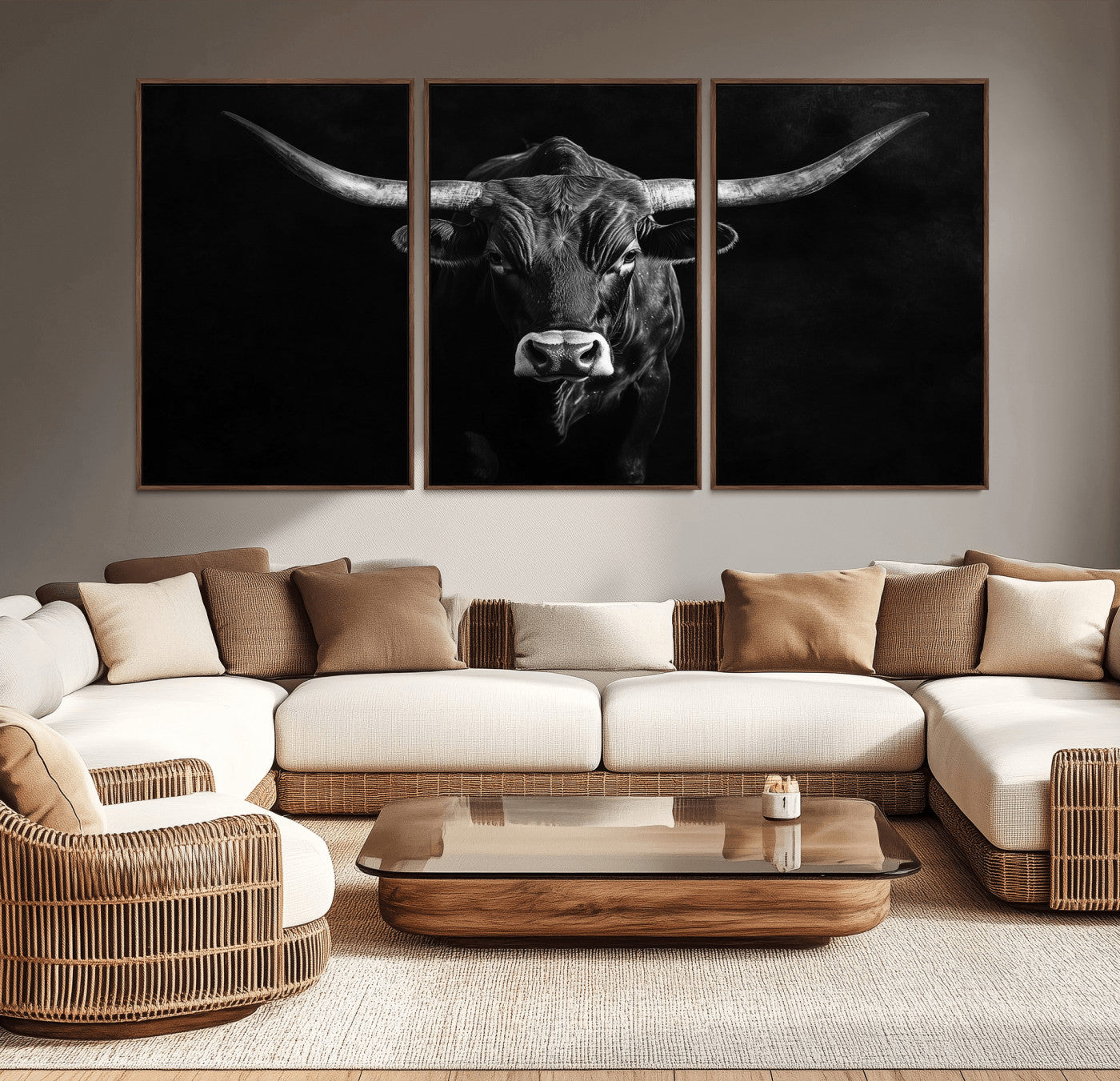42077175-MGV-CV-36X24-Texas Longhorn Wall Art Canvas Print, Framed Monochrome Bull Art Picture Print, Horned Bull Perfect Rustic Western Decor Artwork