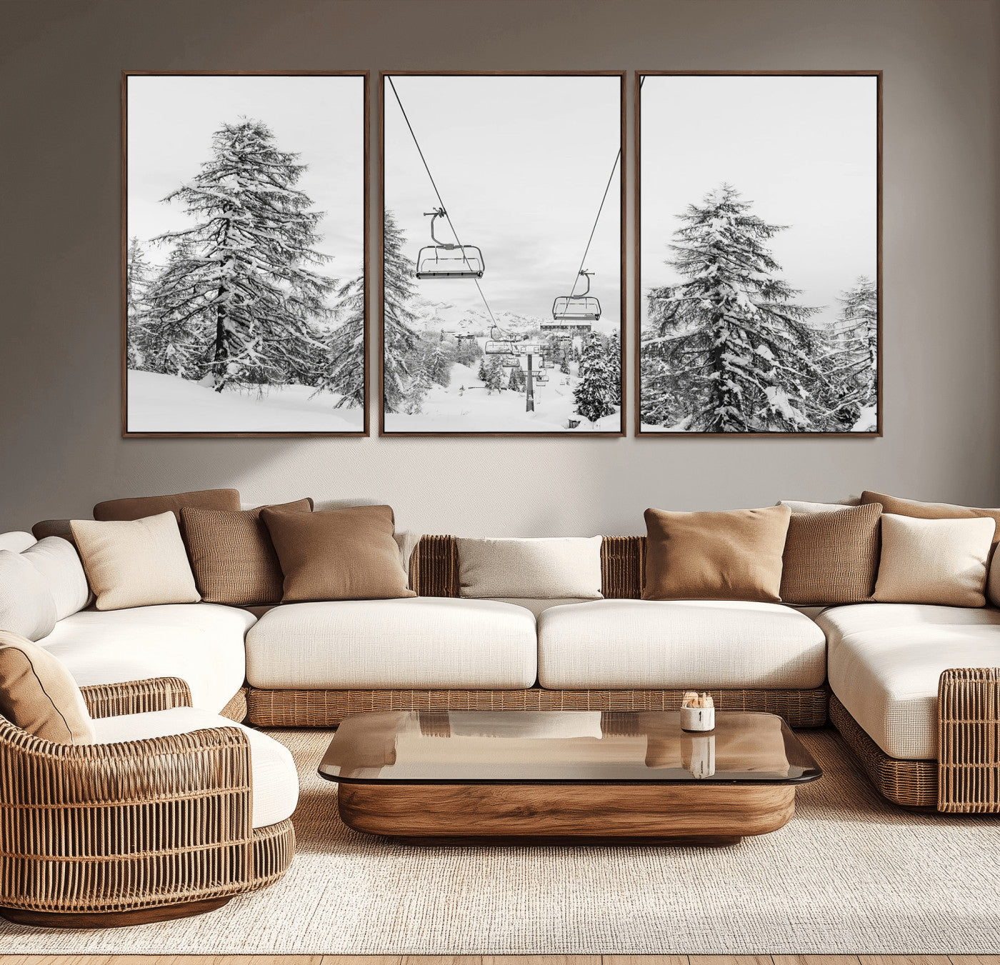 55003599-MGV-CV-36X24-Snowy Ski Lift Wall Art Canvas Print, Framed Winter Forest Art Picture Print, Ski lift Ride Perfect Winter Lodge Decor Artwork