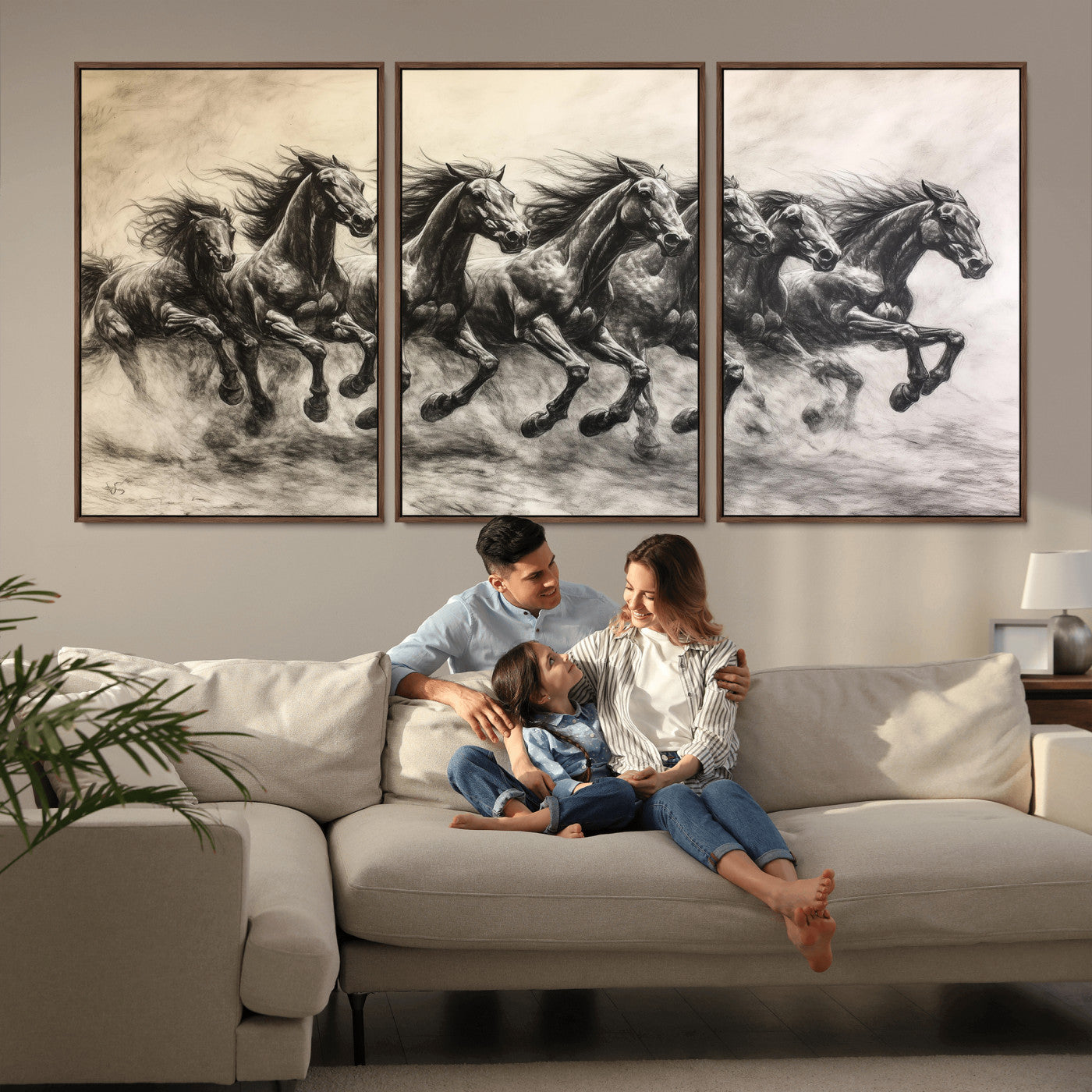 56089591-MGV-FC-60X30-3P_Walnut-Galloping Horses Wall Art Canvas Print, Framed Wild Stallions Art Picture Print, Horse Herd Sketch Perfect Monochrome Dynamic
