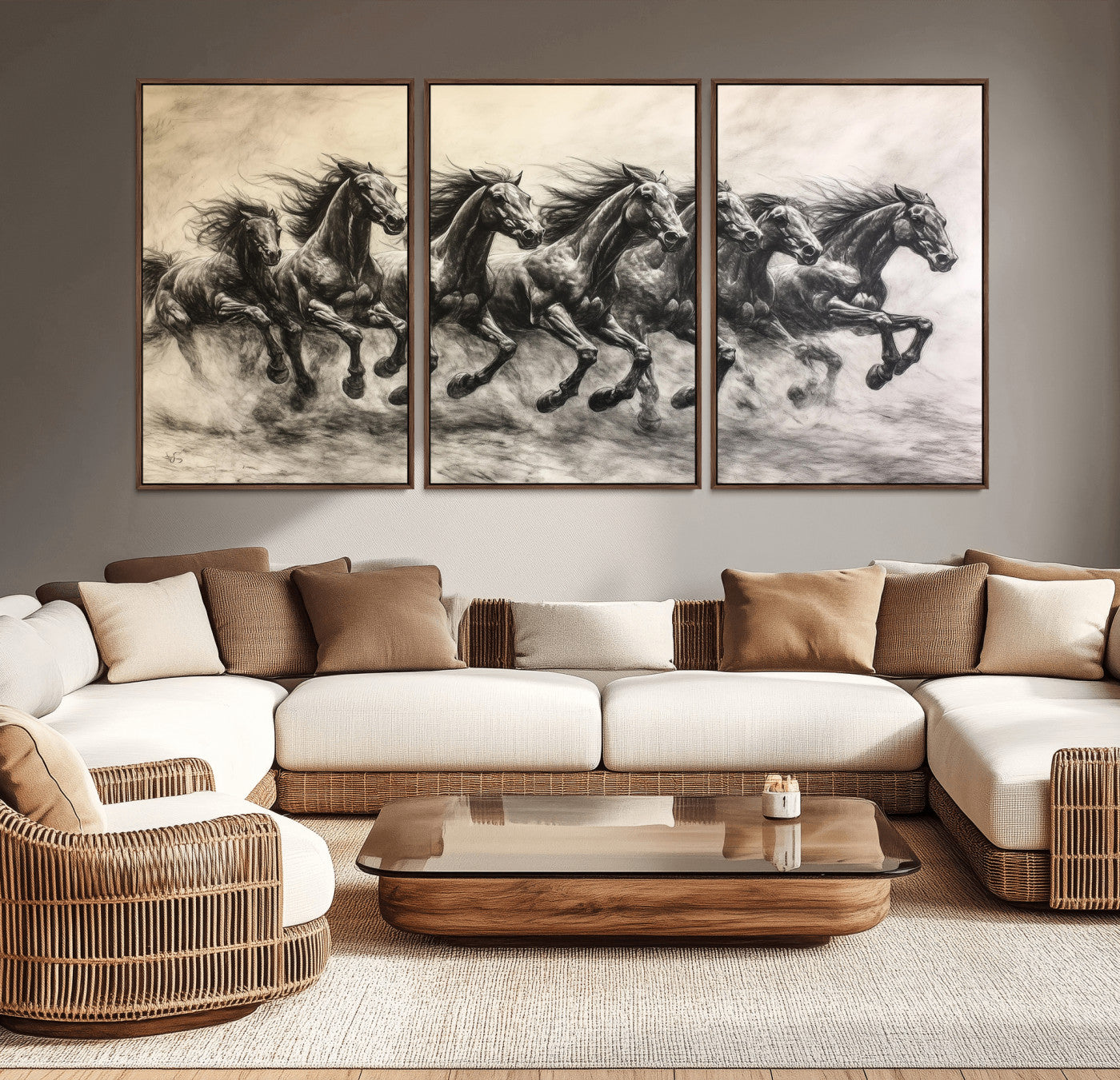56089591-MGV-CV-36X24-Galloping Horses Wall Art Canvas Print, Framed Wild Stallions Art Picture Print, Horse Herd Sketch Perfect Monochrome Dynamic