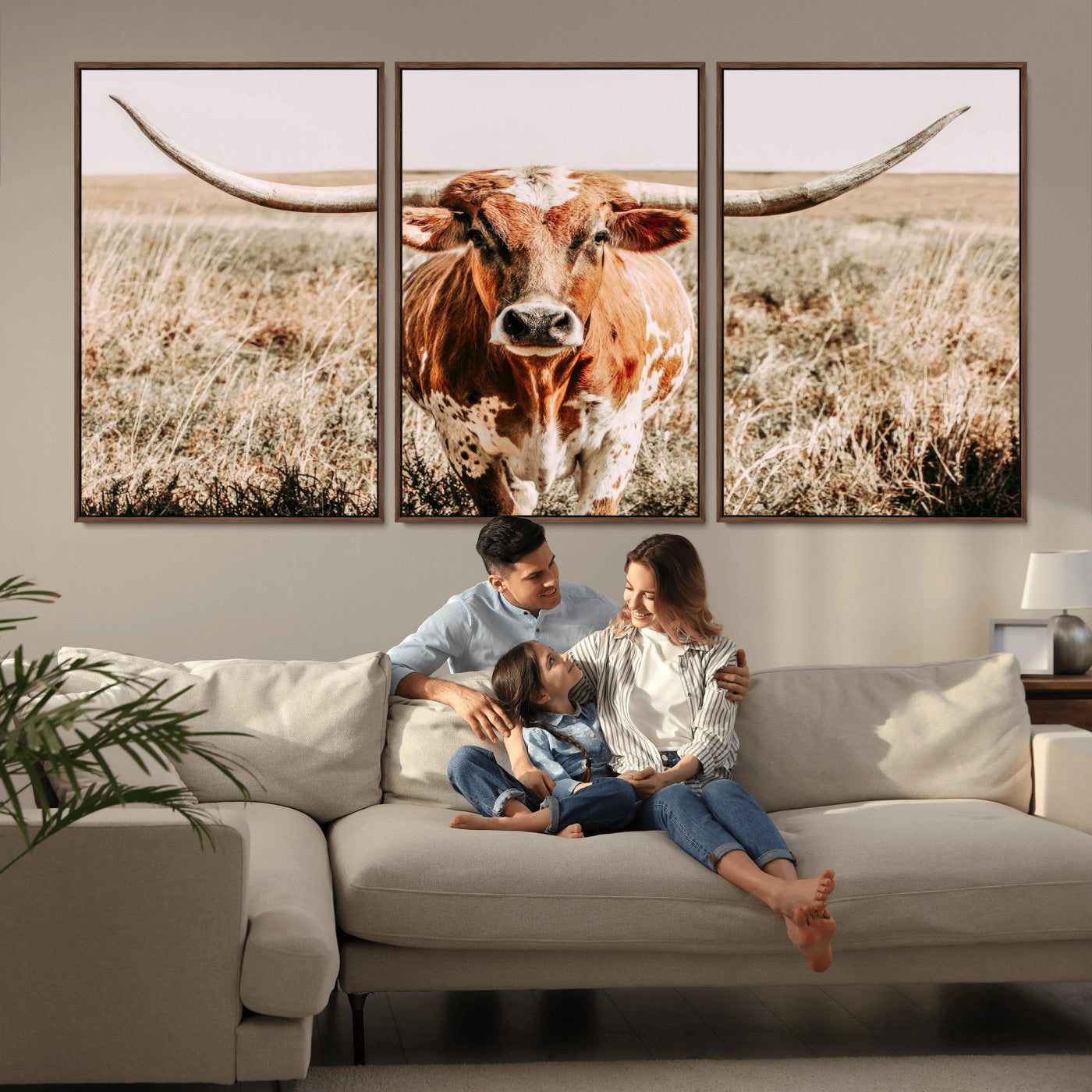 54986862-MGV-FC-60X30-3P_Walnut-Majestic Longhorn Wall Art – Canvas Print of Graceful Strength & Bold Spirit, Wild Plains Beauty Nature Inspired Rustic Decor for