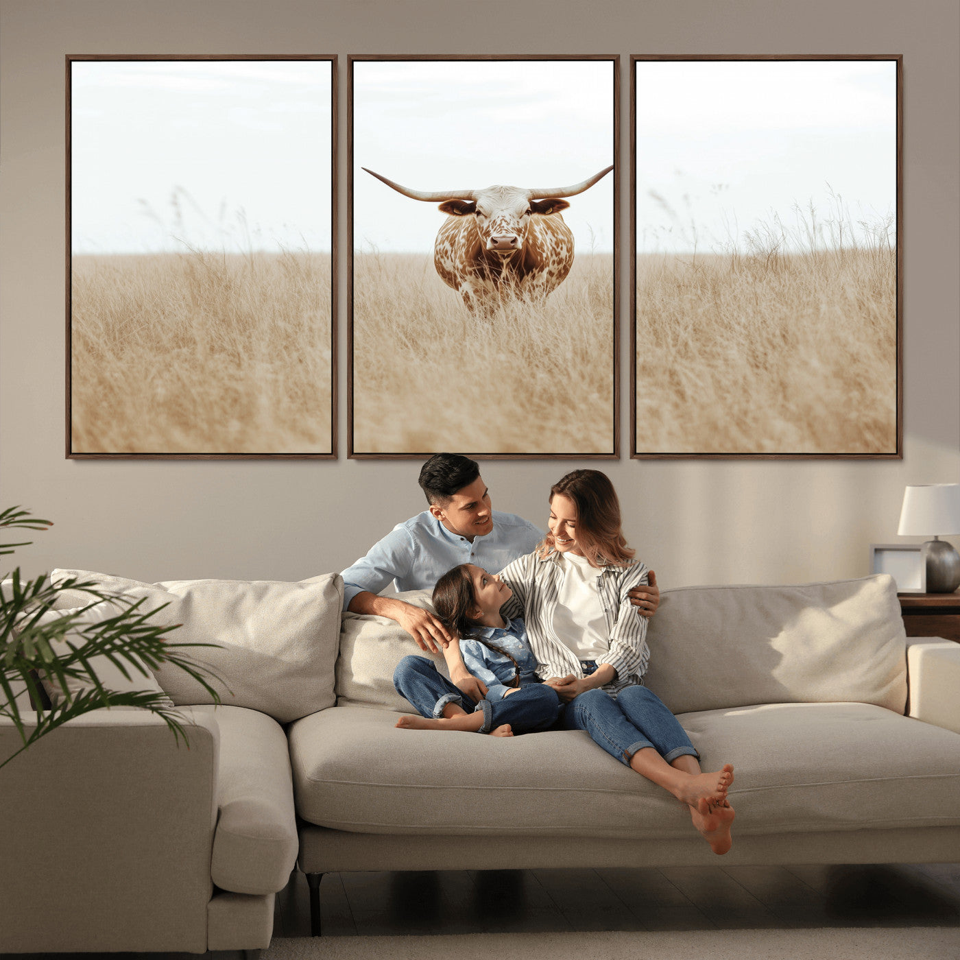 20927060-MGV-FC-60X30-3P_Walnut-Texas Longhorn Wall Art Canvas Print, Framed Lone Cattle Art Picture Print, Longhorn Bull Perfect Rustic Western Decor Artwork