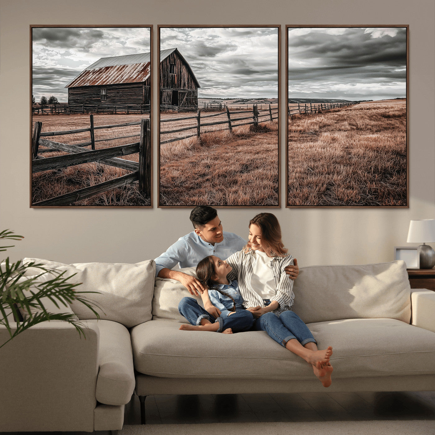 73898372-MGV-FC-60X30-3P_Walnut-Rustic Barn Wall Art Canvas Print, Framed Moody Field Art Picture Print, Weathered Fence Perfect Moody Farmhouse Decor Artwork