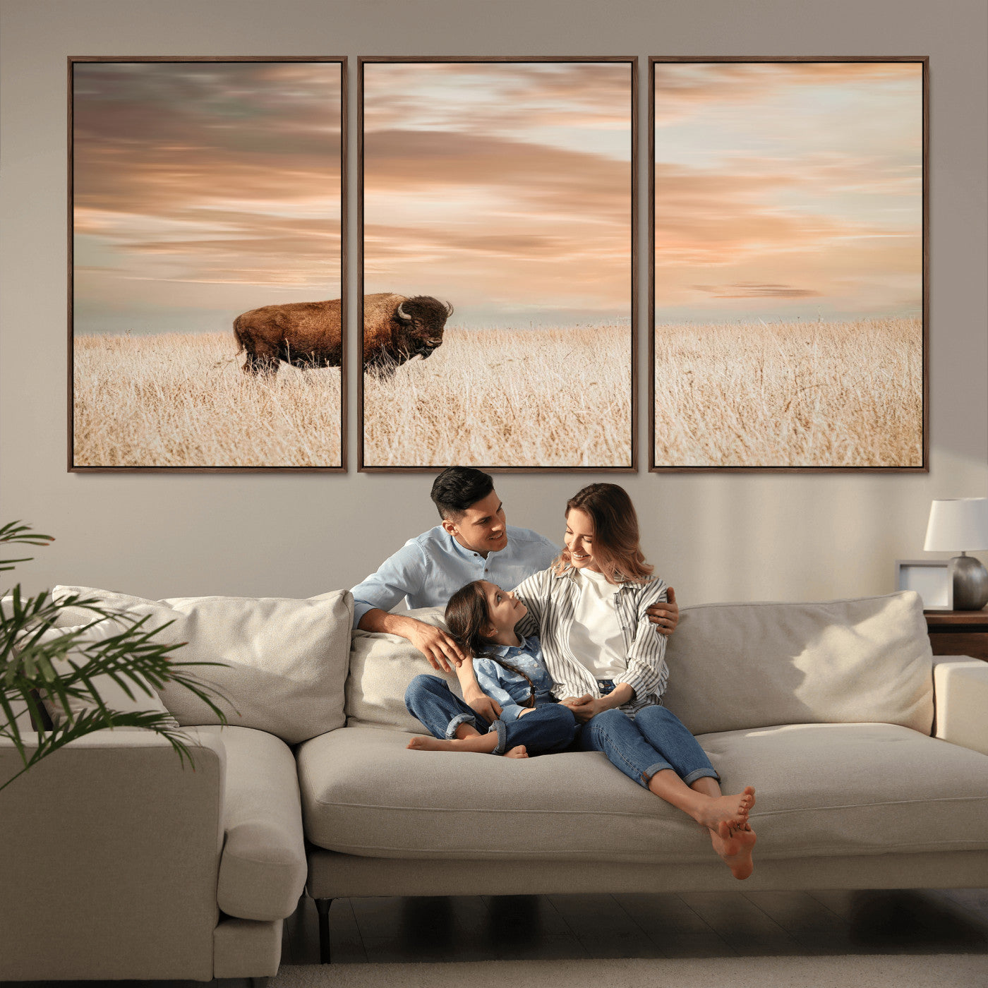 87282289-MGV-FC-60X30-3P_Walnut-Bison Wall Art Canvas Print, Framed Buffalo Art Picture Print, Western Prairie Perfect Rustic Decor Artwork