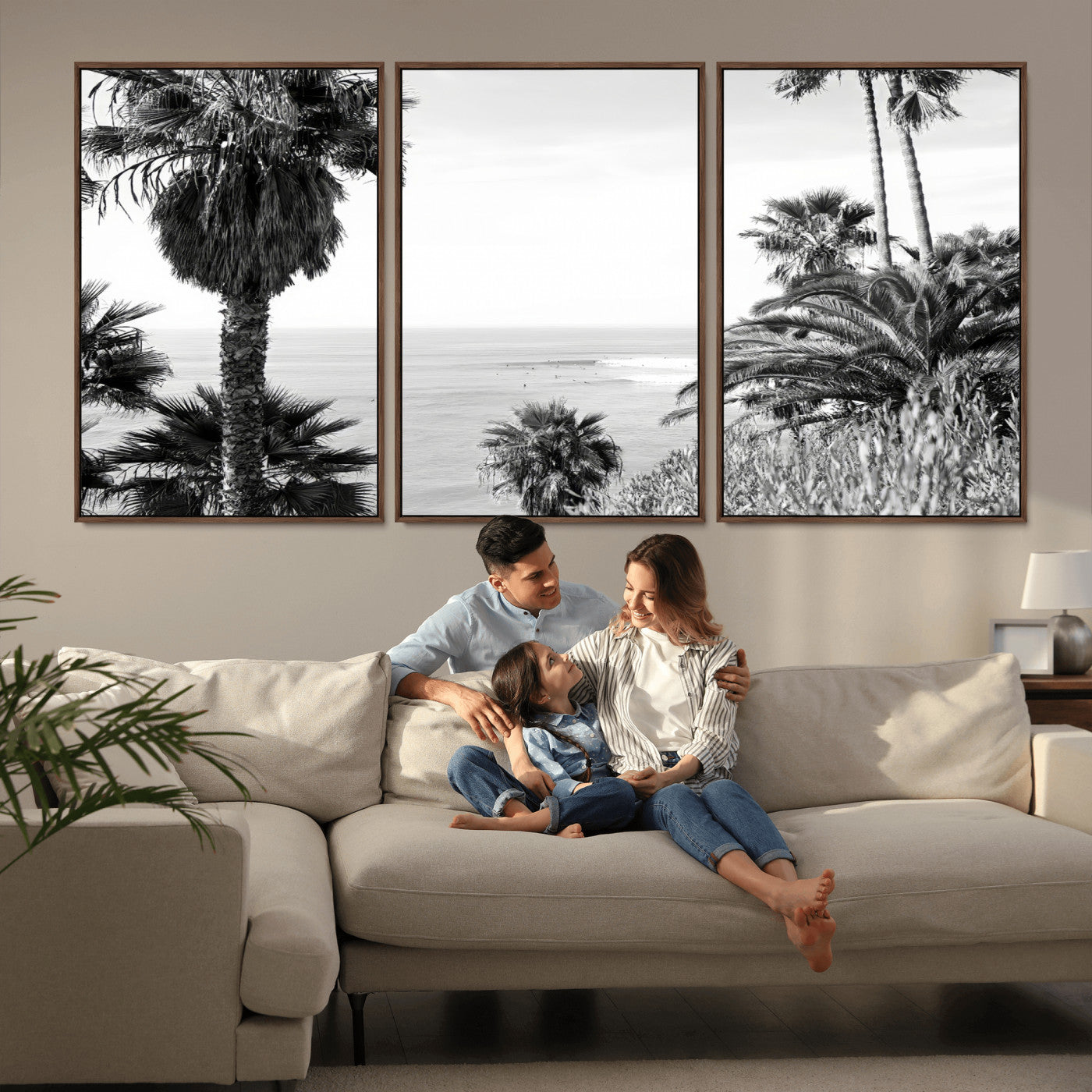 89458520-MGV-FC-60X30-3P_Walnut-Palm Trees Wall Art Canvas Print, Framed Coastal View Art Picture Print, Ocean Horizon Perfect Monochrome Coast Decor Artwork