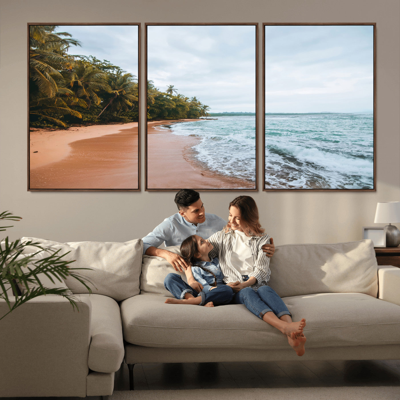 88125882-MGV-FC-60X30-3P_Walnut-Tropical Shoreline Wall Art Canvas Print, Framed Palm Trees Art Picture Print, Tropical Ocean Perfect Tropical Coastal Decor