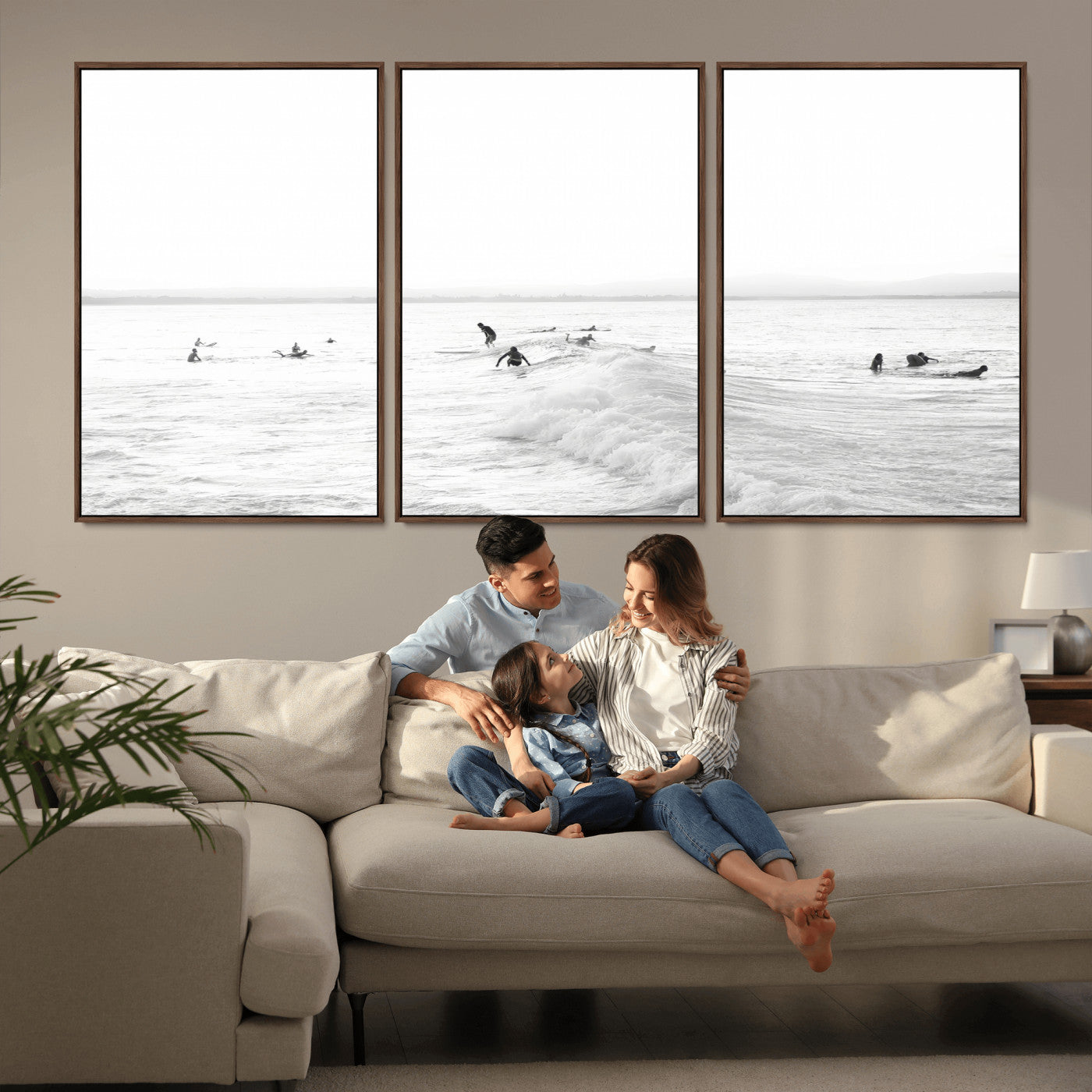 33449548-MGV-FC-60X30-3P_Walnut-Group Surfers Wall Art Canvas Print, Framed Ocean Wave Art Picture Print, Surf Crowd Perfect Monochrome Surf Decor Artwork