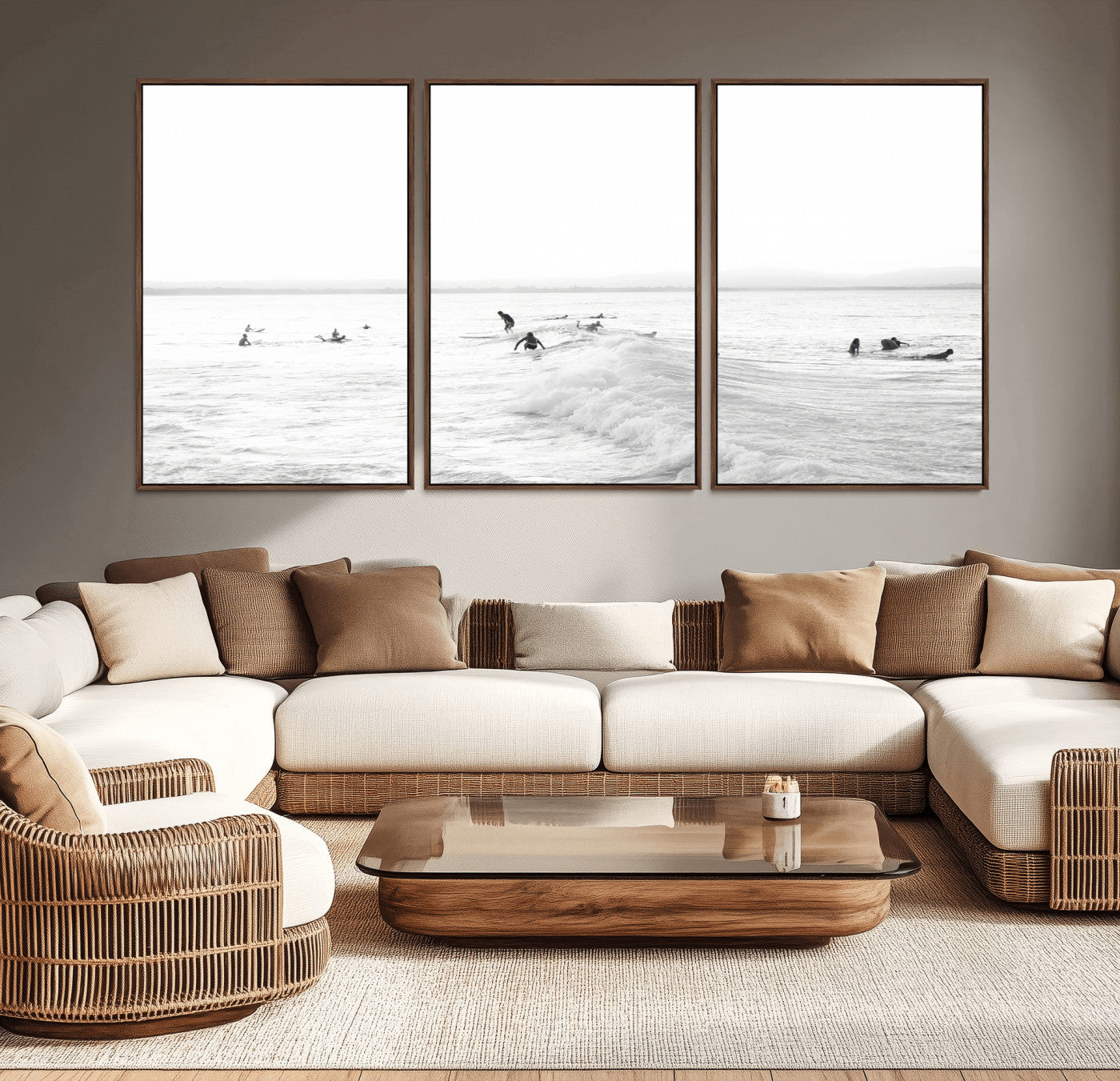 33449548-MGV-CV-36X24-Group Surfers Wall Art Canvas Print, Framed Ocean Wave Art Picture Print, Surf Crowd Perfect Monochrome Surf Decor Artwork