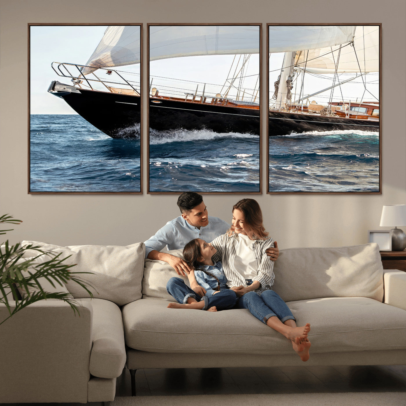 97168626-MGV-FC-60X30-3P_Walnut-Sailing Yacht Wall Art Canvas Print, Framed Wooden Yacht Art Picture Print, Ocean Waves Perfect Nautical Coastal Decor Artwork