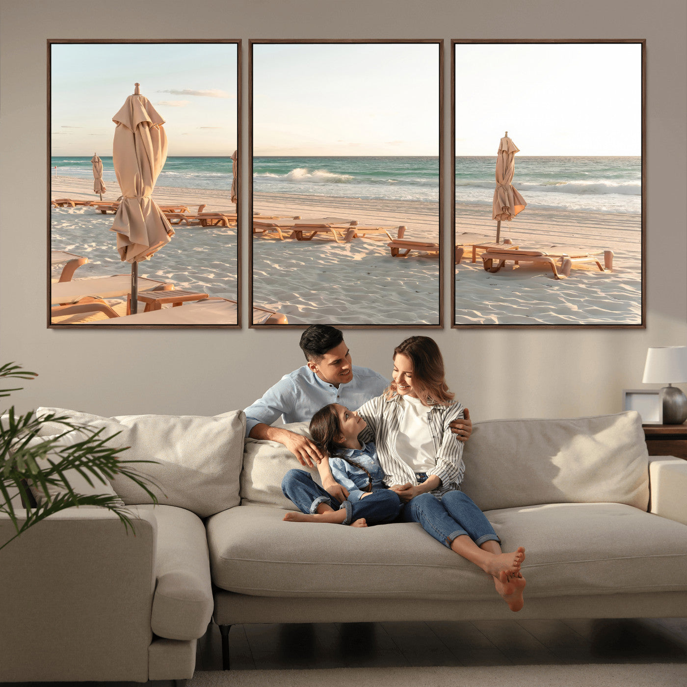 58507949-MGV-FC-60X30-3P_Walnut-Beach Umbrellas Wall Art Canvas Print, Framed Empty Loungers Art Picture Print, Soft Sand Perfect Minimalist Seaside Decor Artwork