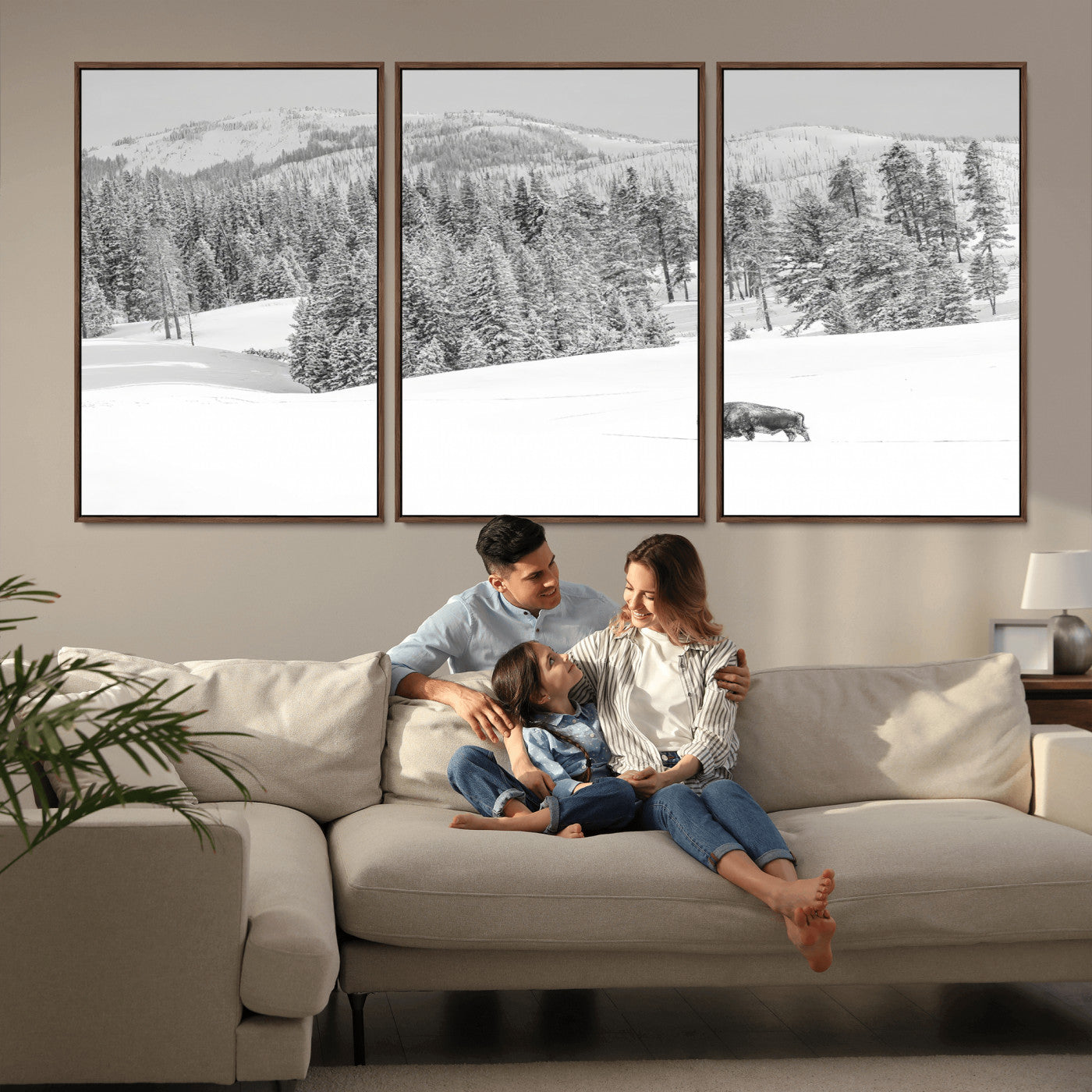 68081143-MGV-FC-60X30-3P_Walnut-Snowy Bison Wall Art Canvas Print, Framed Winter Forest Art Picture Print, Lone Bison Perfect Monochrome Winter Wild Decor Artwork