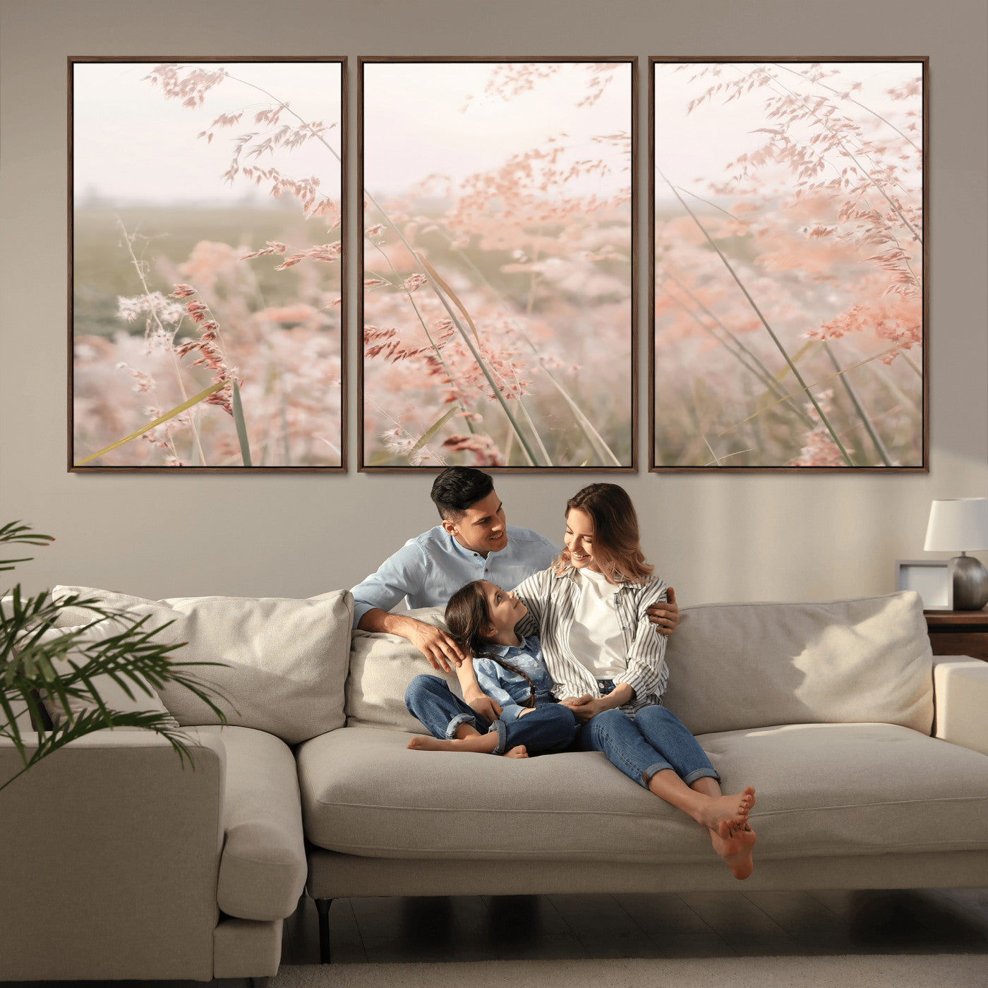 79164340-MGV-FC-60X30-3P_Walnut-Pastel Grasses Wall Art Canvas Print, Framed Soft Meadow Art Picture Print, Field in Breeze Perfect Pastel Minimal Decor Artwork