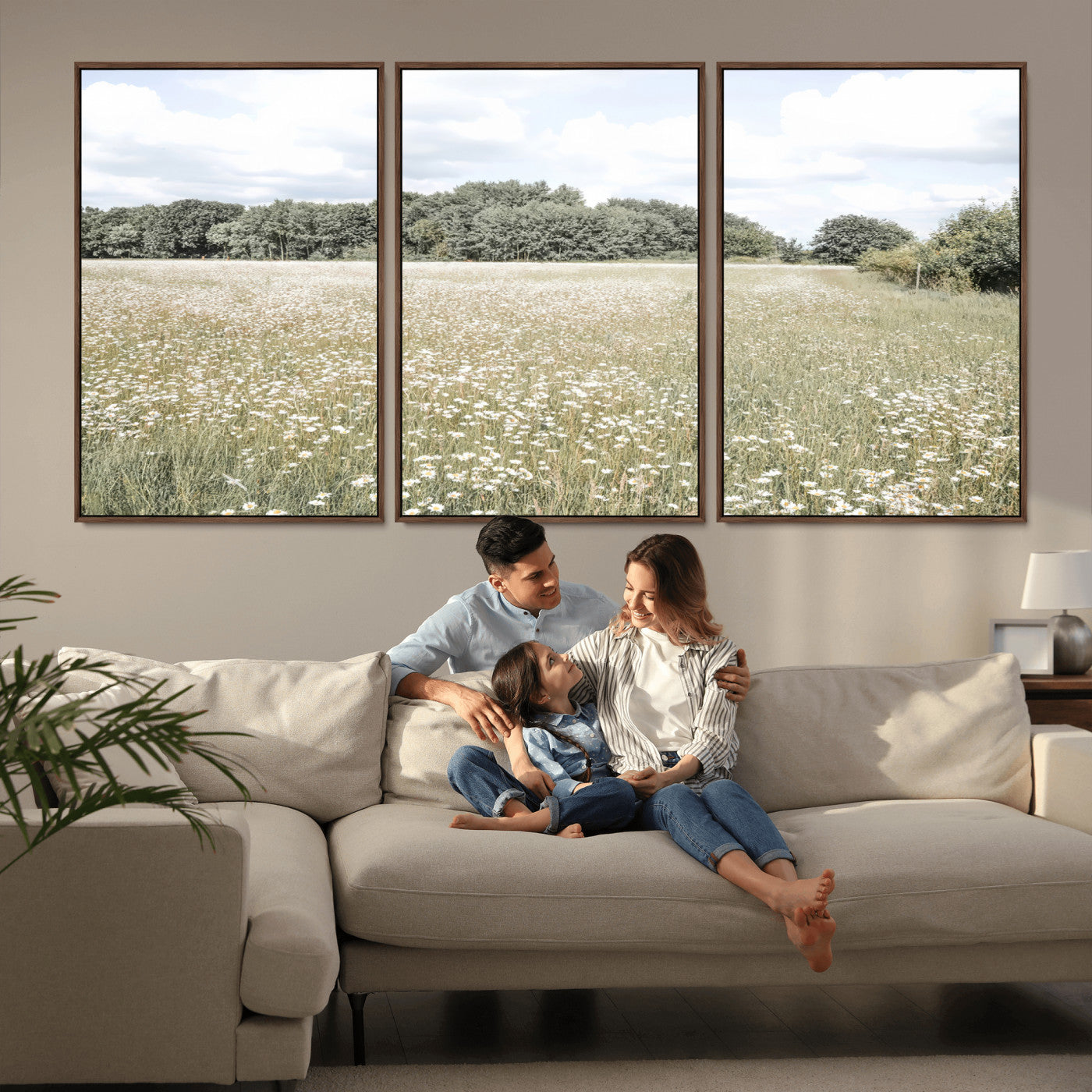 43258946-MGV-FC-60X30-3P_Walnut-Daisy Field Wall Art Canvas Print, Framed Pastel Flower Art Picture Print, Meadow Bloom Perfect Scandinavian Minimalist Decor