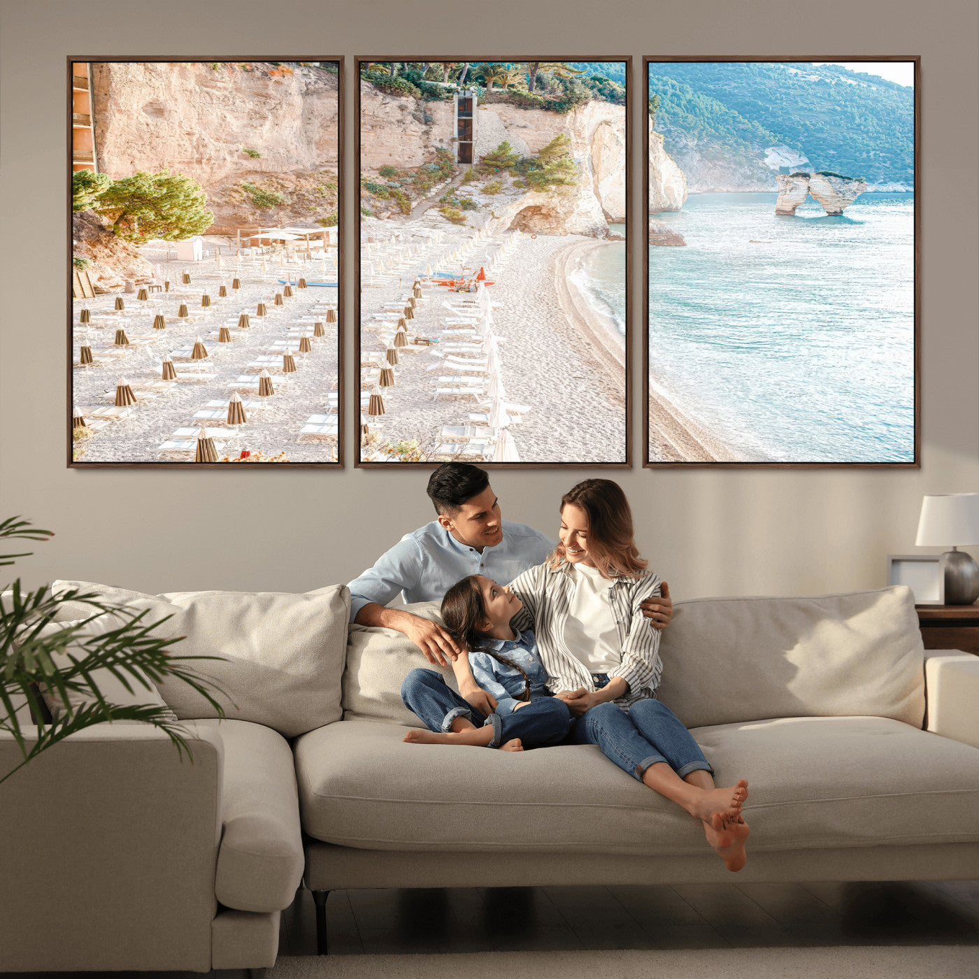 84816639-MGV-FC-60X30-3P_Walnut-Mediterranean Beach Wall Art Canvas Print, Framed Airy Coastal Art Picture Print, Summer Shore Perfect Coastal Retreat Decor