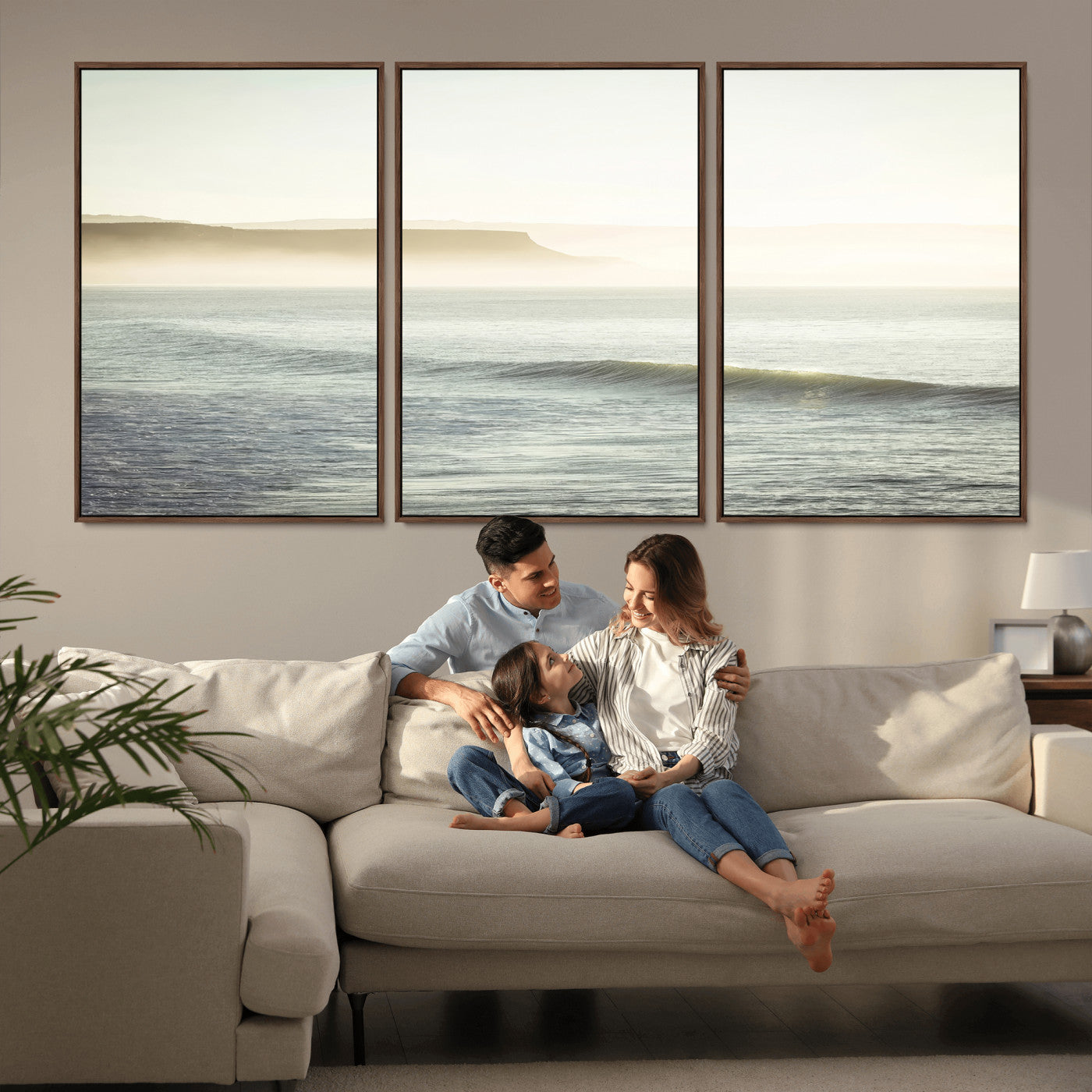 39310633-MGV-FC-60X30-3P_Walnut-Coastal Cliffs Wall Art Canvas Print, Framed Misty Ocean Art Picture Print, Morning Light Perfect Minimalistic Coastal Decor