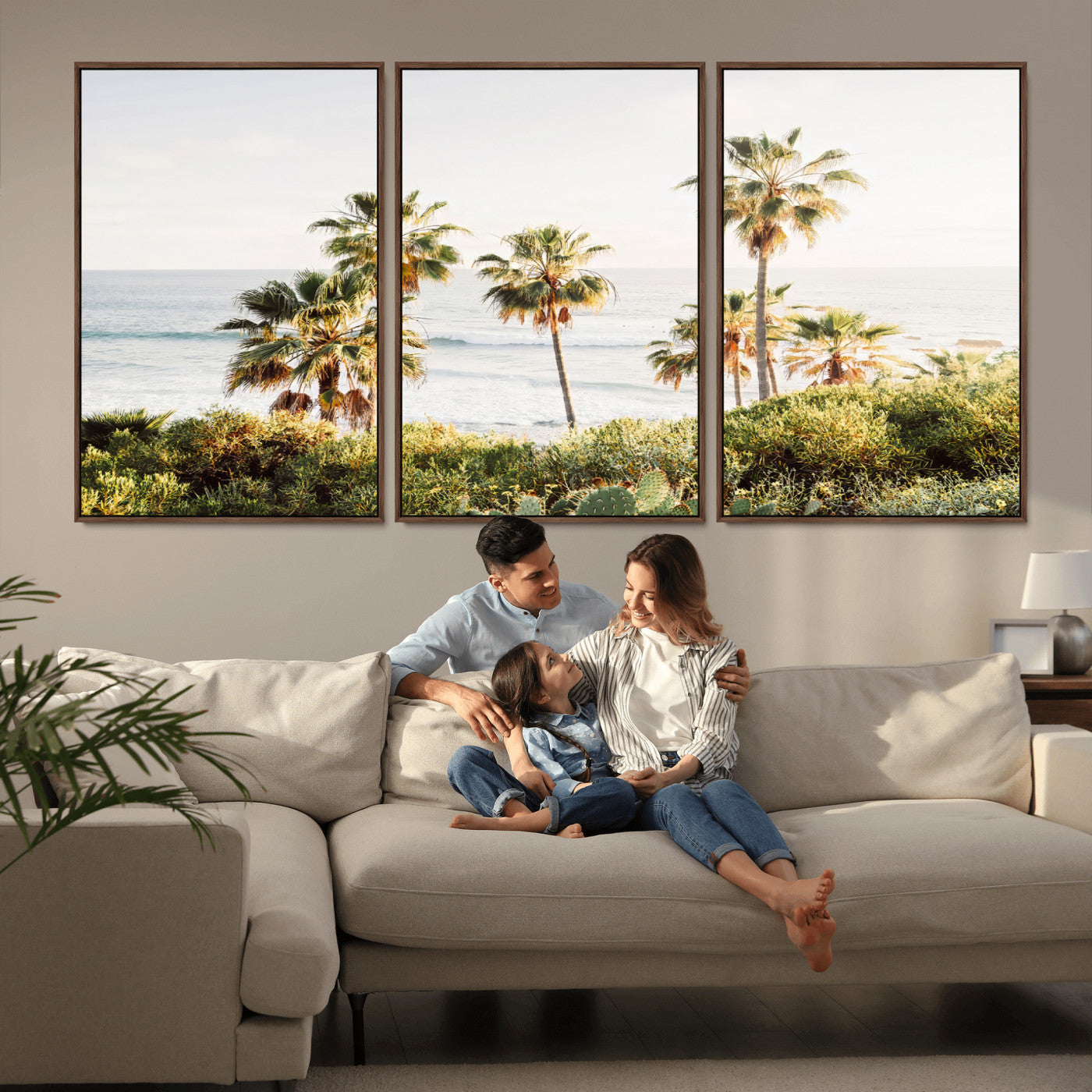 94707294-MGV-FC-60X30-3P_Walnut-California Coast Wall Art Canvas Print, Framed Palm Trees Art Picture Print, Coastal Landscape Perfect Coastal Minimalist Decor