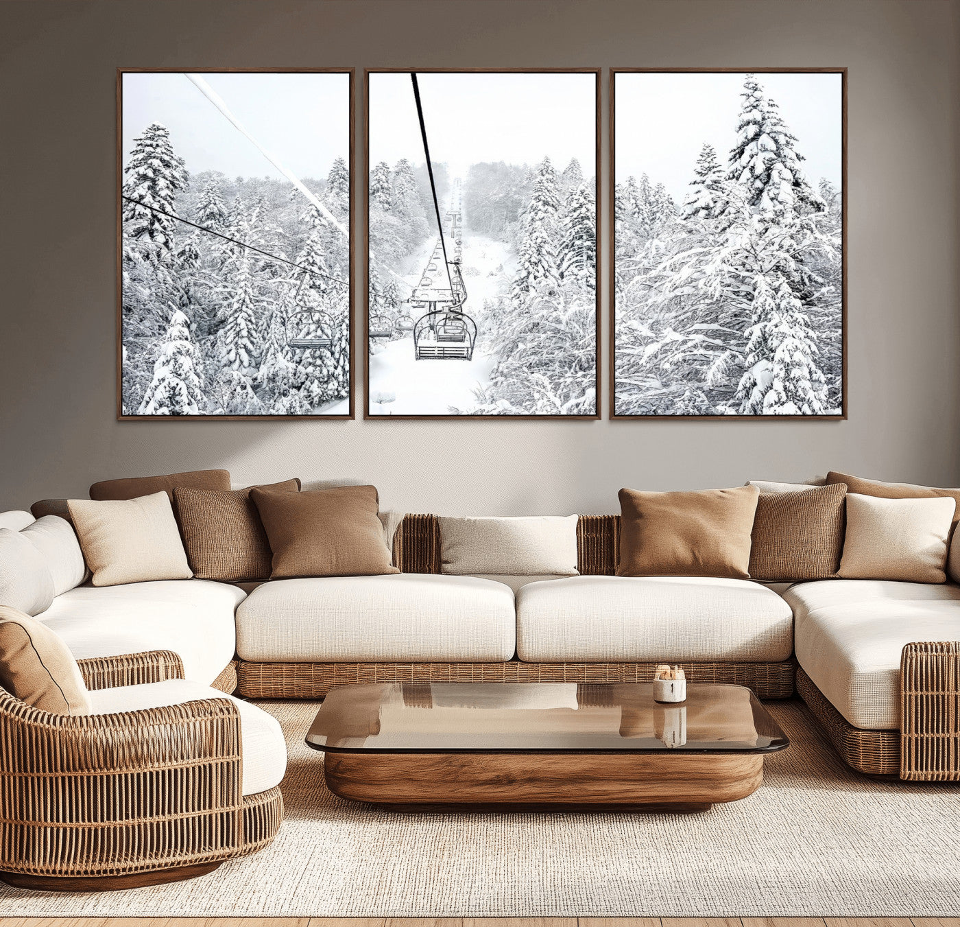 44705668-MGV-CV-36X24-Winter Forest Wall Art Canvas Print, Framed Snowy Forest Art Picture Print, Ski Lift Perfect Scandinavian Decor Artwork