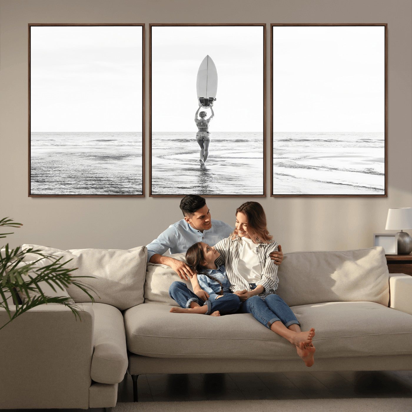 98446901-MGV-FC-60X30-3P_Walnut-Monochrome Surf Wall Art Canvas Print, Framed Minimalist Surfer Art Picture Print, Surfboard Silhouette Perfect Coastal Minimalist