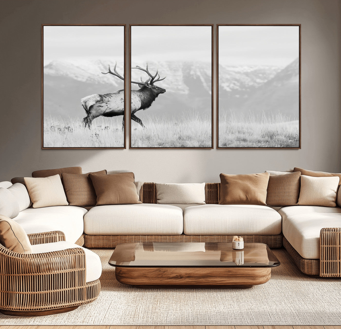 62278753-MGV-CV-36X24-Monochrome Elk Wall Art Canvas Print, Framed Mountain Wildlife Art Picture Print, Rustic Nature Perfect Rustic Minimalist Decor