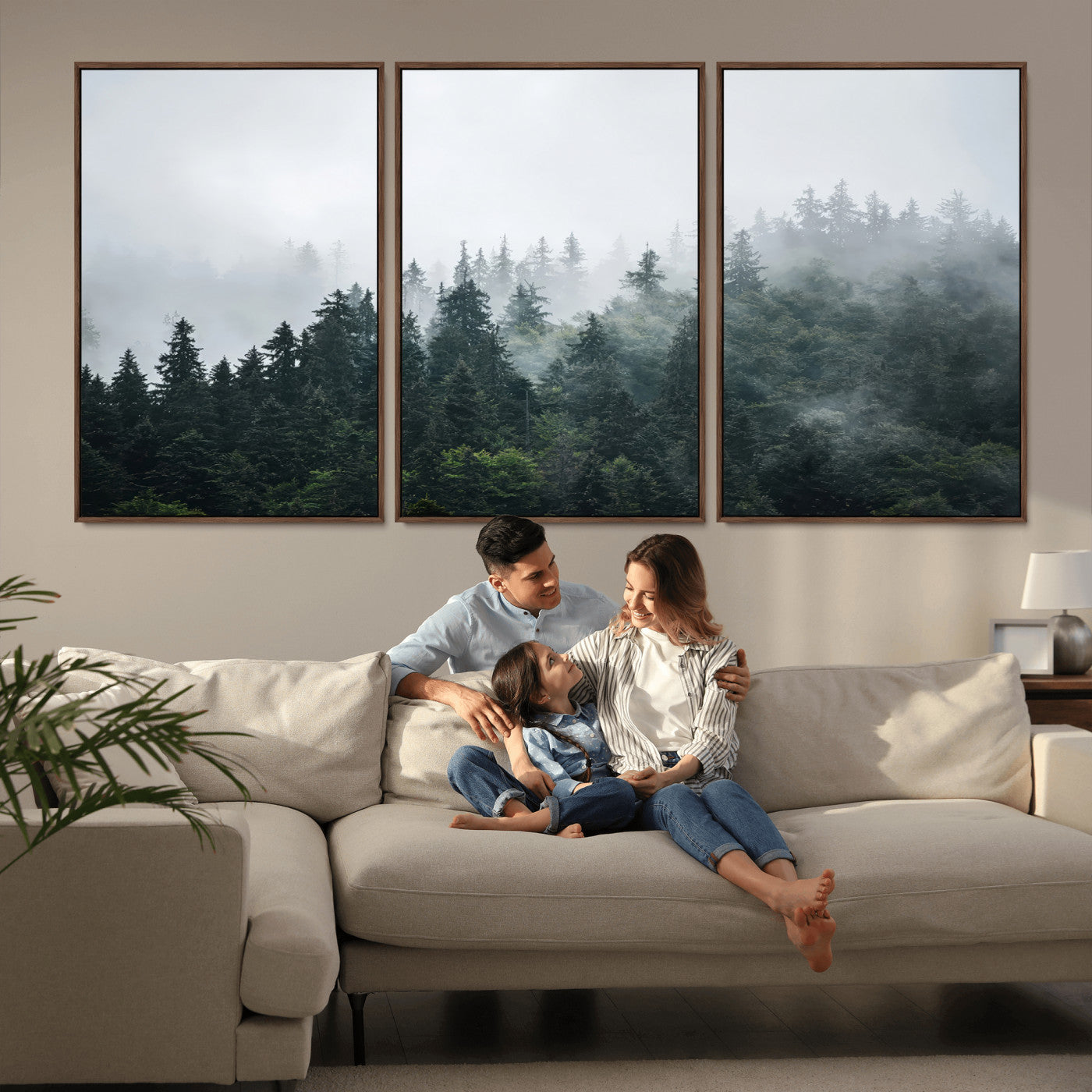 84146572-MGV-FC-60X30-3P_Walnut-Foggy Pine Trees Wall Art Canvas Print, Framed Forest Nature Art Picture Print, Evergreen Forest Perfect Scandinavian Minimalist