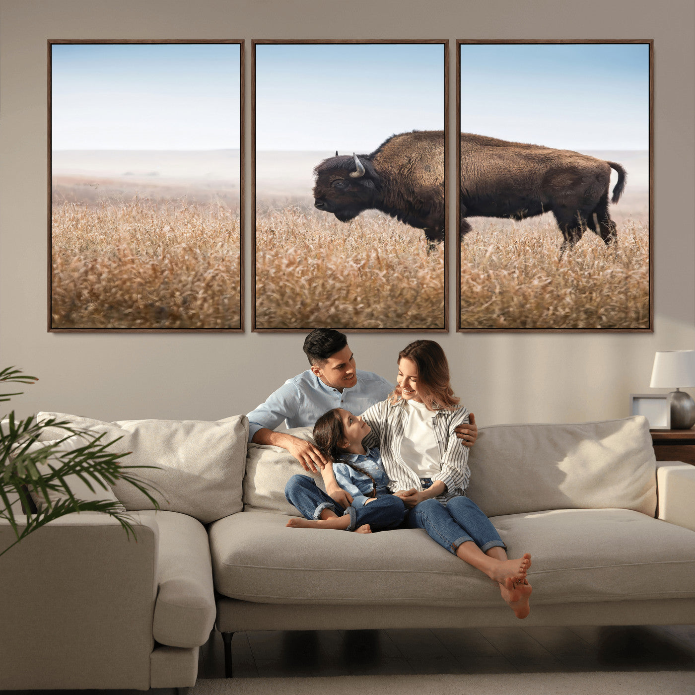 99620201-MGV-FC-60X30-3P_Walnut-Wild Bison Wall Art Canvas Print, Framed Bison in Prairie Art Picture Print, Rustic Western Perfect Rustic Western Decor Artwork