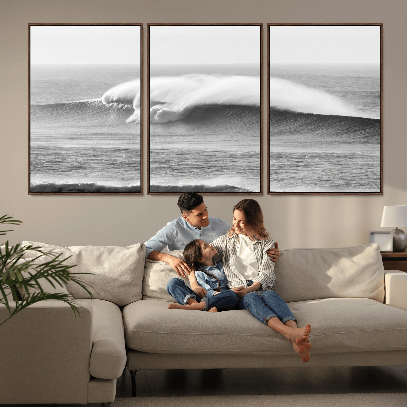 42544082-MGV-FC-60X30-3P_Walnut-Monochrome Seascape Wall Art Canvas Print, Framed Surf Wave Art Picture Print, Minimalist Ocean Perfect Moody Coastal Decor