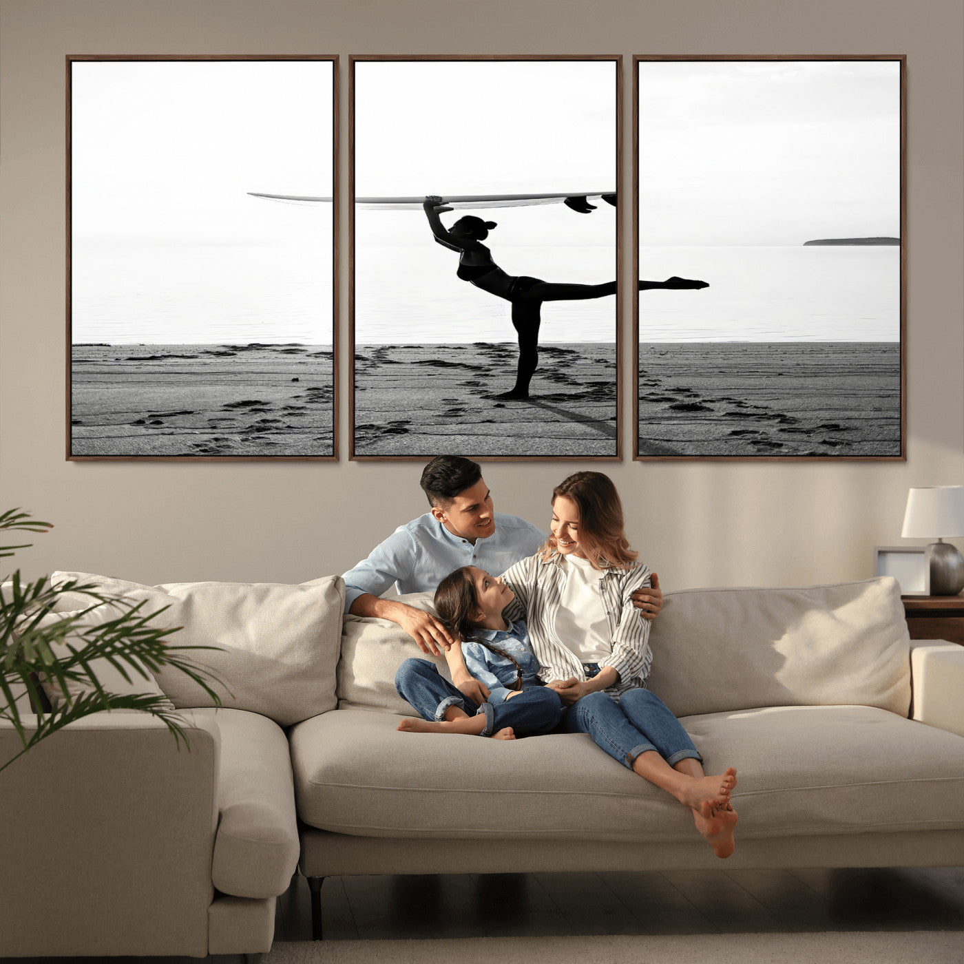 28441356-MGV-FC-60X30-3P_Walnut-Yoga Surf Wall Art Canvas Print, Framed Black White Shore Art Picture Print, Peaceful Ocean Perfect Minimalist Coastal Decor