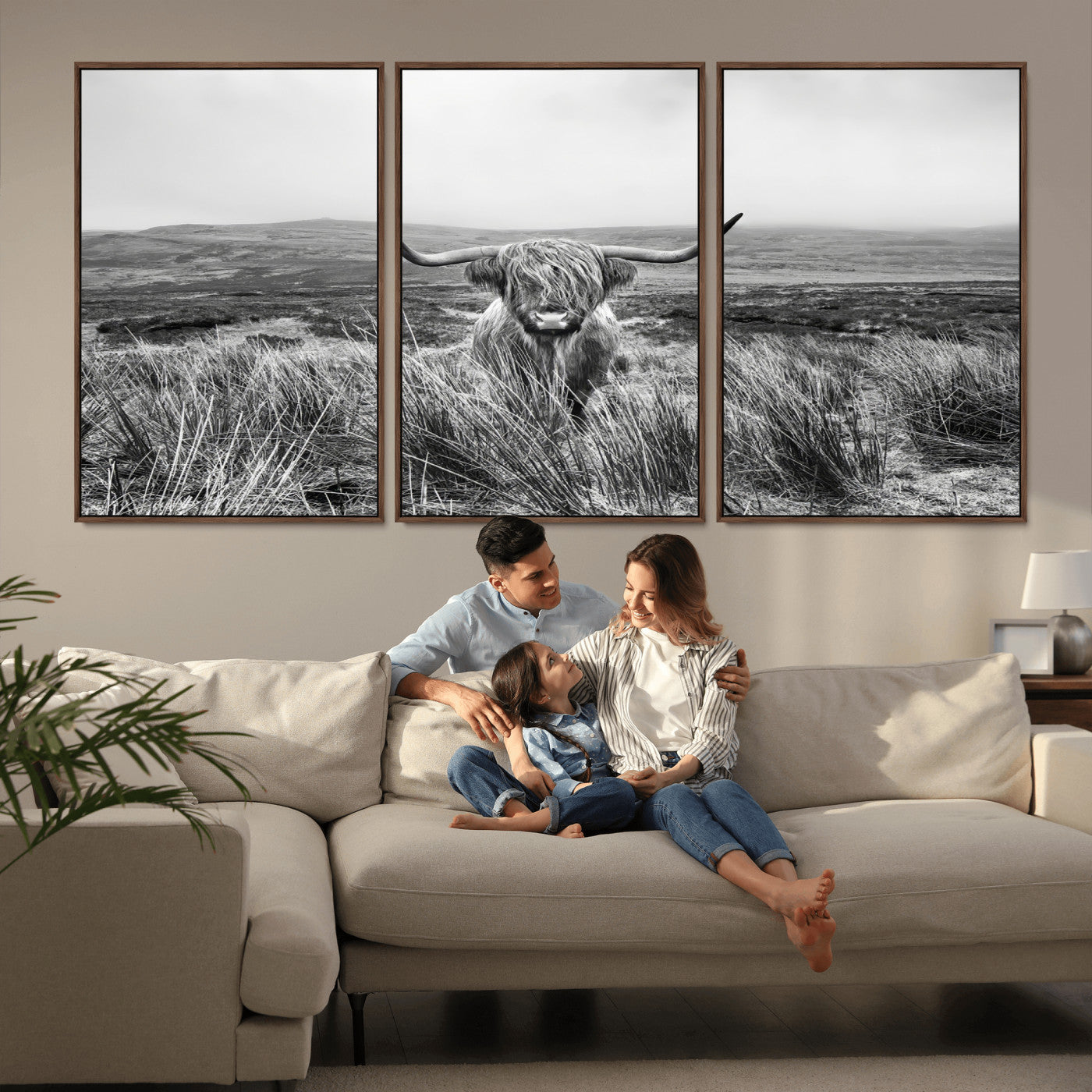 24051061-MGV-FC-60X30-3P_Walnut-Monochrome Highland Cow Wall Art Canvas Print, Framed Scottish Bull Art Picture Print, Lone Cattle Perfect Rustic Farmhouse Decor