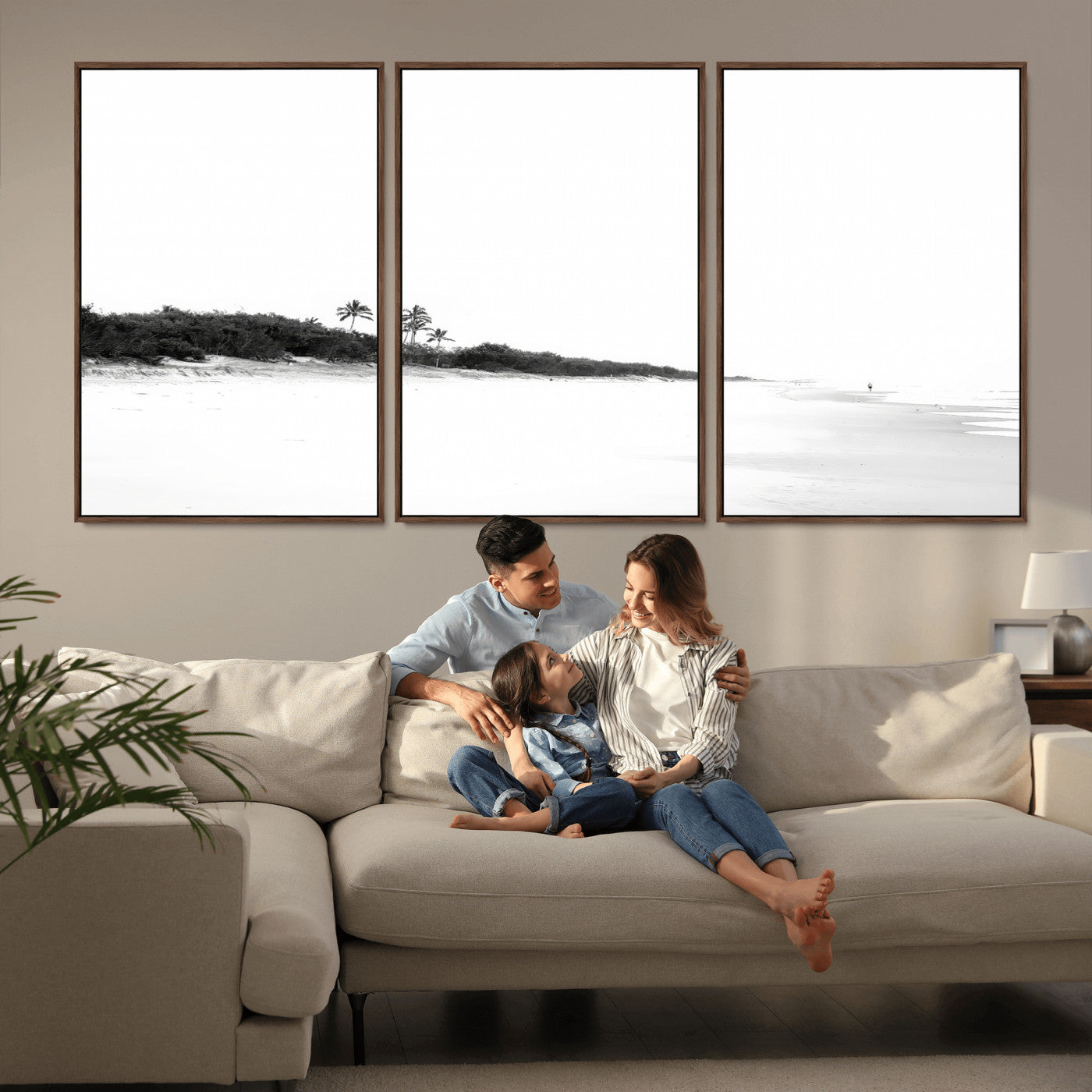 29611516-MGV-FC-60X30-3P_Walnut-Black White Beach Wall Art Canvas Print, Framed Palm Trees Art Picture Print, Monochrome Tropical Perfect Minimalist Coastal Decor