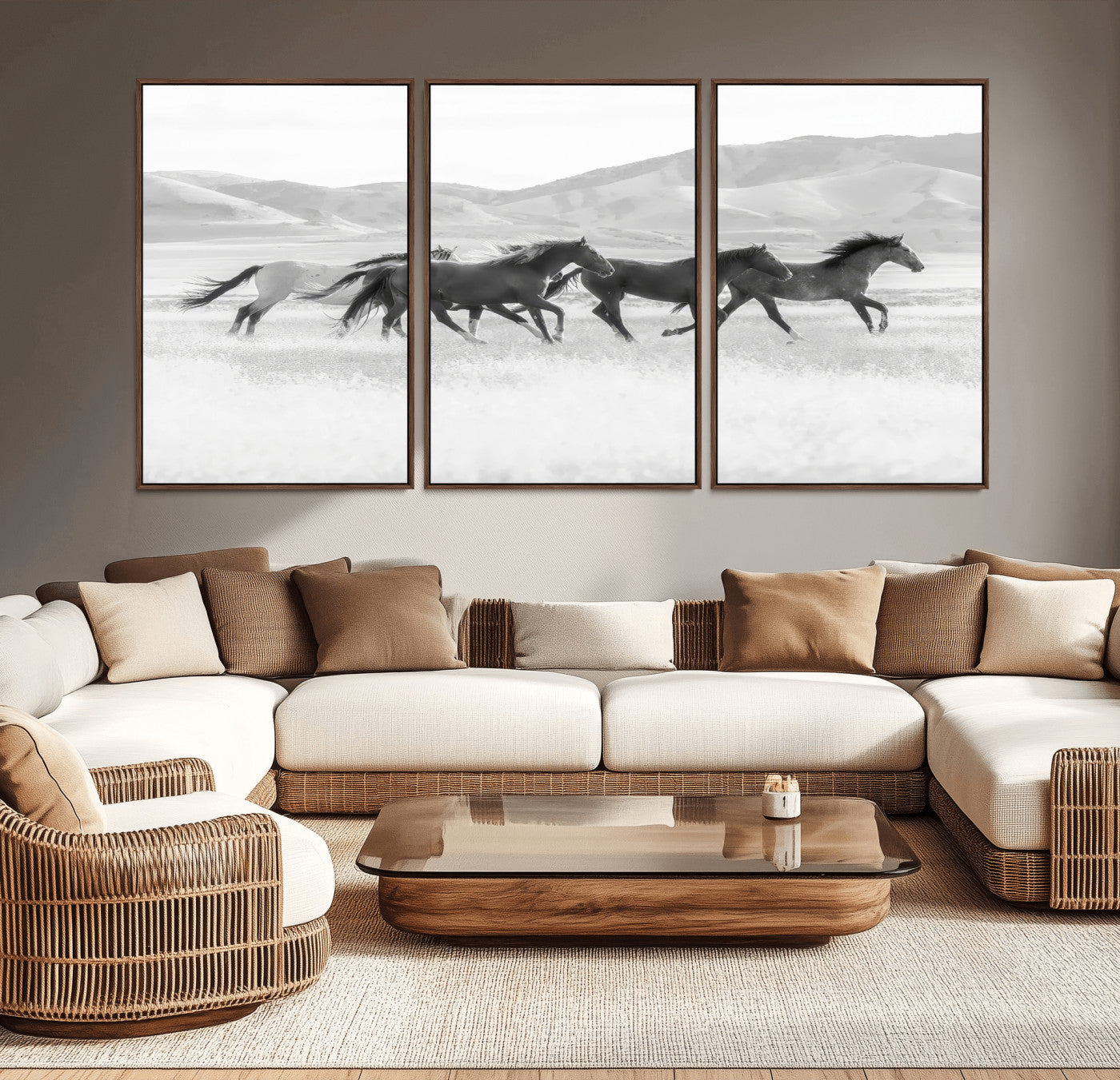 69934913-MGV-CV-36X24-Wild Horses Running Wall Art Canvas Print, Framed Black White Mustangs Art Picture Print, Rustic Western Perfect Rustic Western