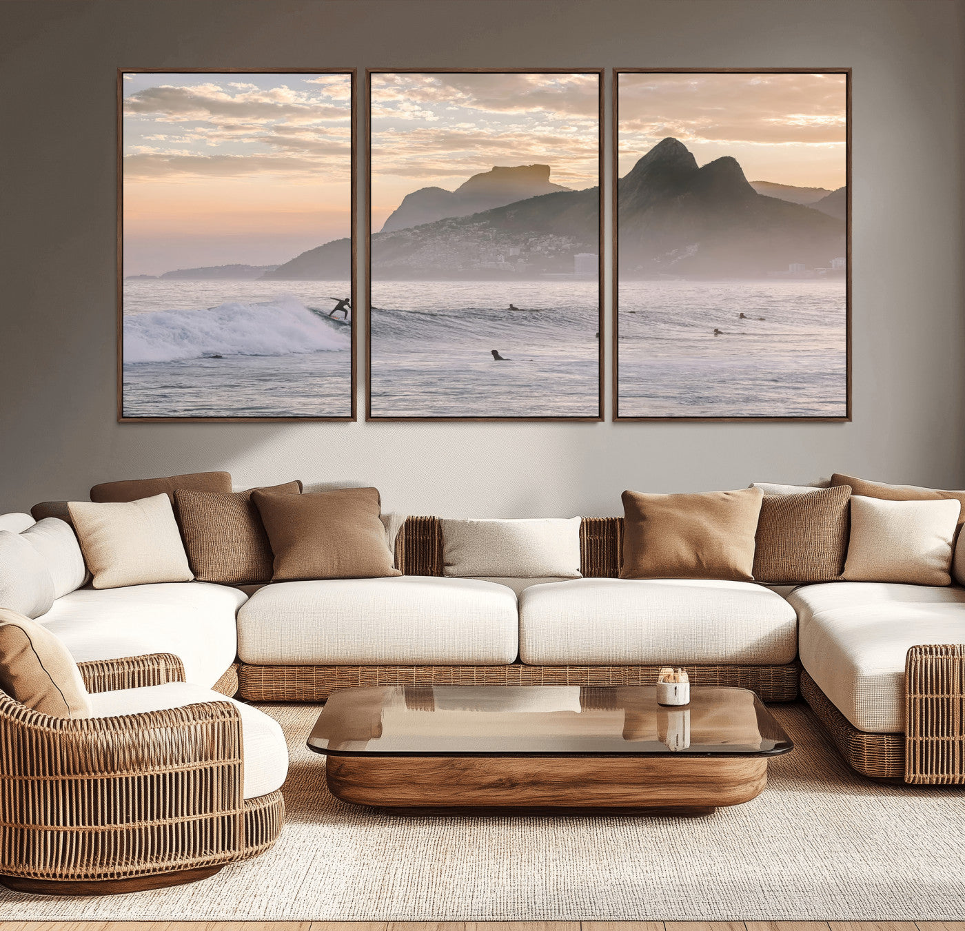 70644906-MGV-CV-36X24-Sunset Surfing Wall Art Canvas Print, Framed Misty Mountains Art Picture Print, Surfer Riding Wave Perfect Coastal Adventure Decor