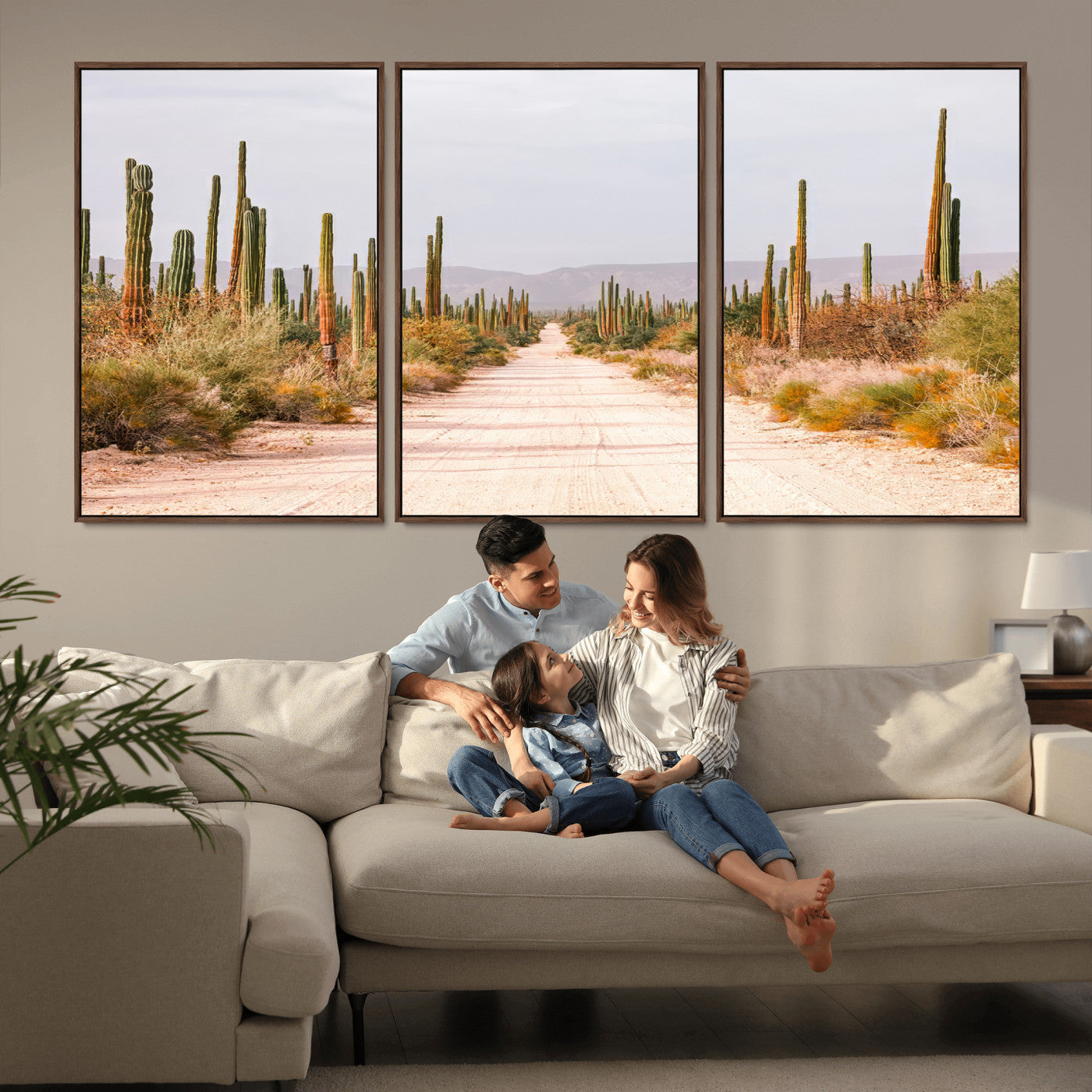 30742780-MGV-FC-60X30-3P_Walnut-Desert Cactus Wall Art Canvas Print, Framed Southwestern Art Picture Print, Bohemian Western Perfect Southwestern Boho Decor