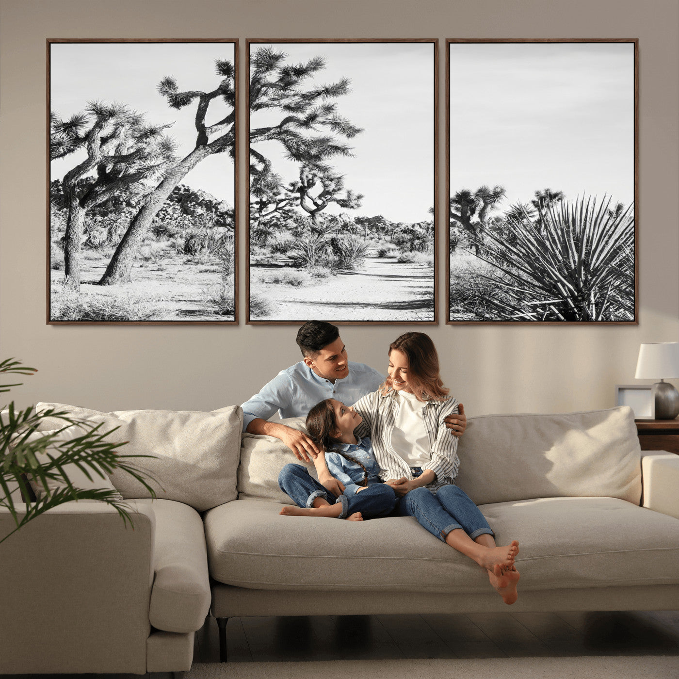 88164251-MGV-FC-60X30-3P_Walnut-Joshua Tree Wall Art Canvas Print, Framed Desert Path Art Picture Print, Monochrome Desert Perfect Minimalist Desert Decor Artwork