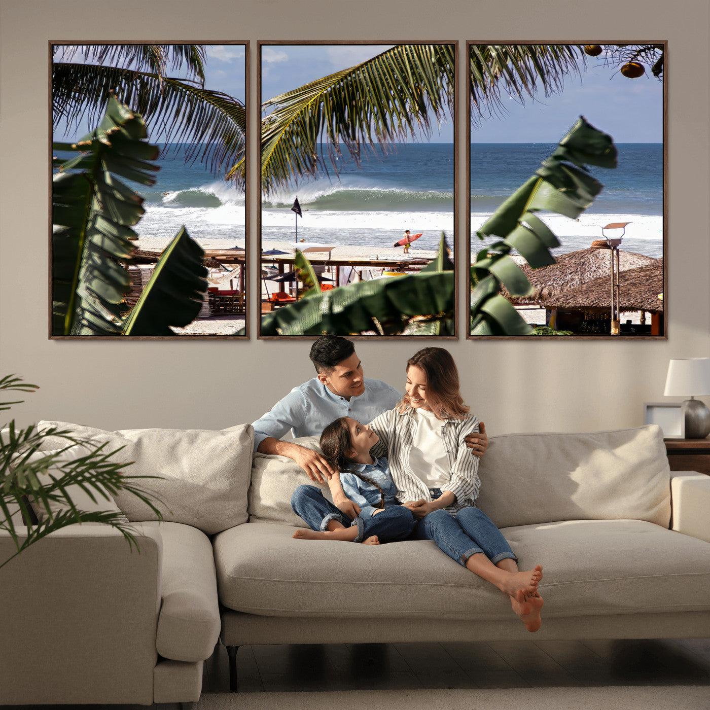 34722557-MGV-FC-60X30-3P_Walnut-Tropical Shoreline Wall Art Canvas Print, Framed Surfer Beach Art Picture Print, Coastal Surf Perfect Tropical Coastal Decor