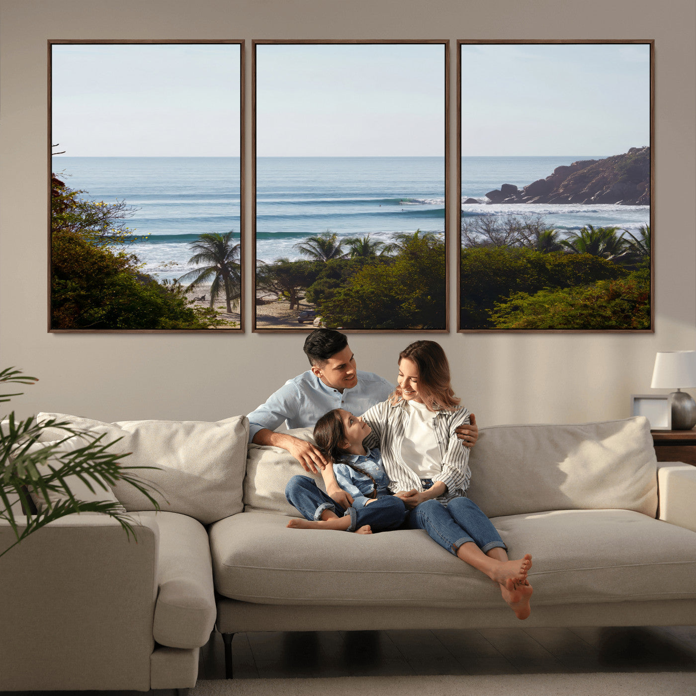 88336640-MGV-FC-60X30-3P_Walnut-Tropical Beach Scene Wall Art Canvas Print, Framed Coastal Photography Art Picture Print, Ocean Horizon Art Perfect Coastal Boho