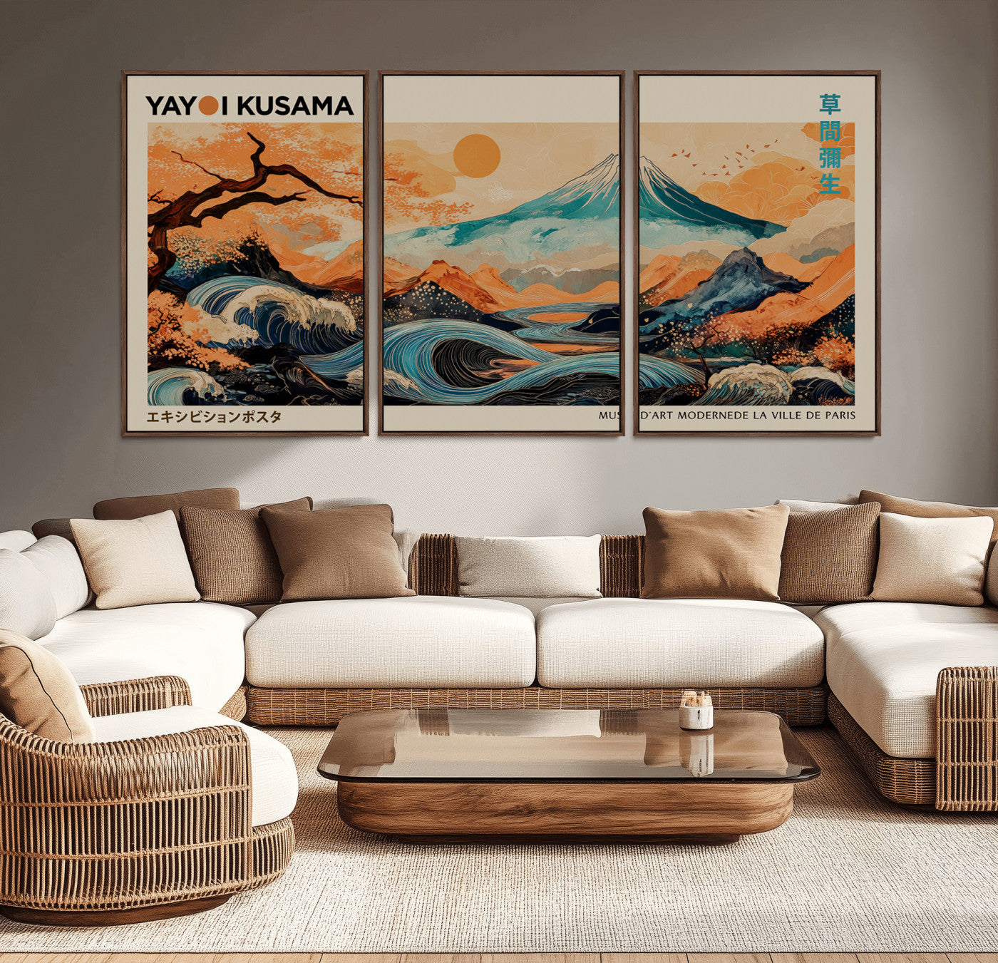 22373530-MGV-CV-36X24-Japanese Mt Fuji Wave Art Print – Ukiyo e Inspired Sun & Cherry Blossom Poster, Traditional Asian Landscape Painting, Modern