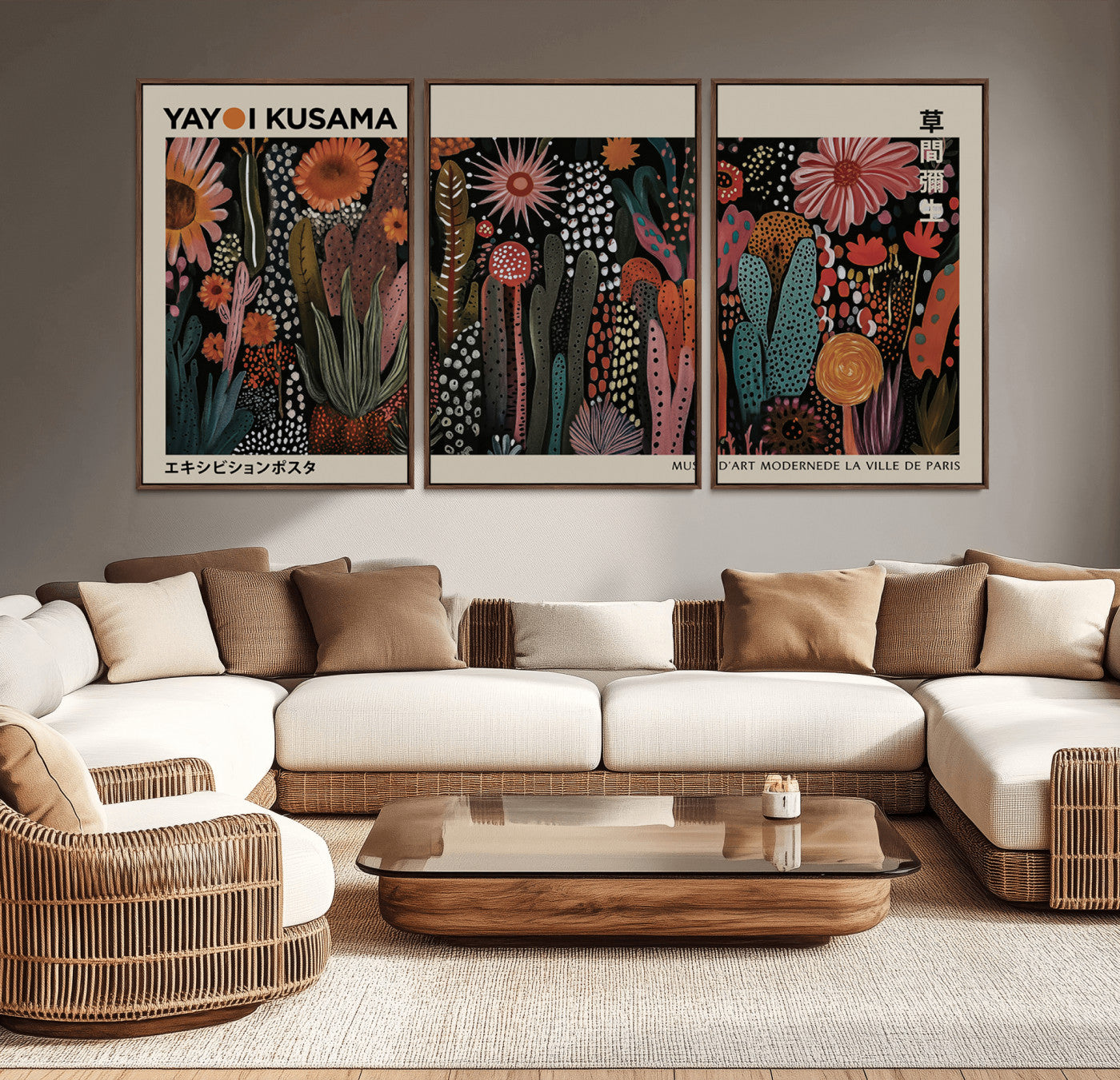 28344895-MGV-CV-36X24-Dark Floral Abstract Wall Art Poster – Modern Botanical Canvas Print with Beige Border, Kusama Inspired Boho Flower Painting,